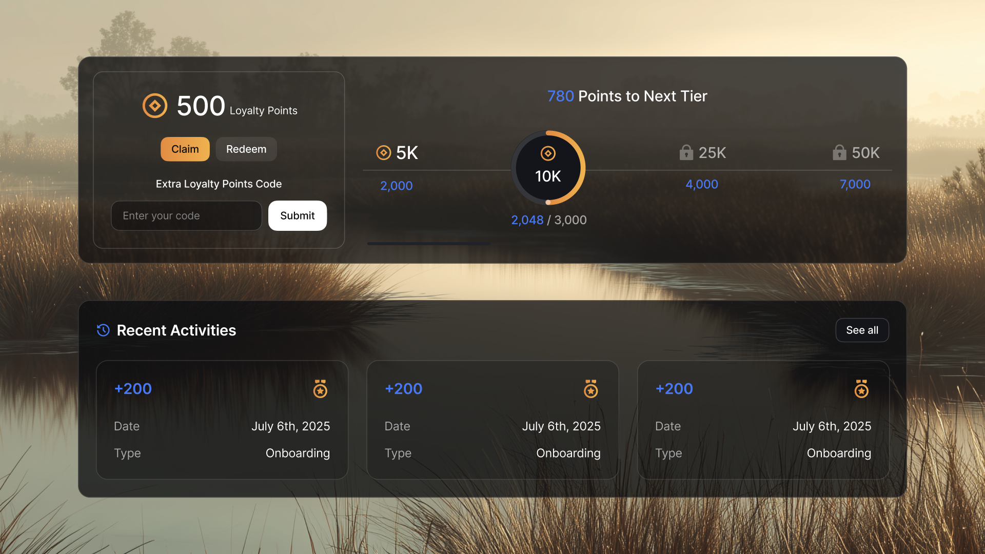 Scanprops loyalty points widget with tier progress and recent activity