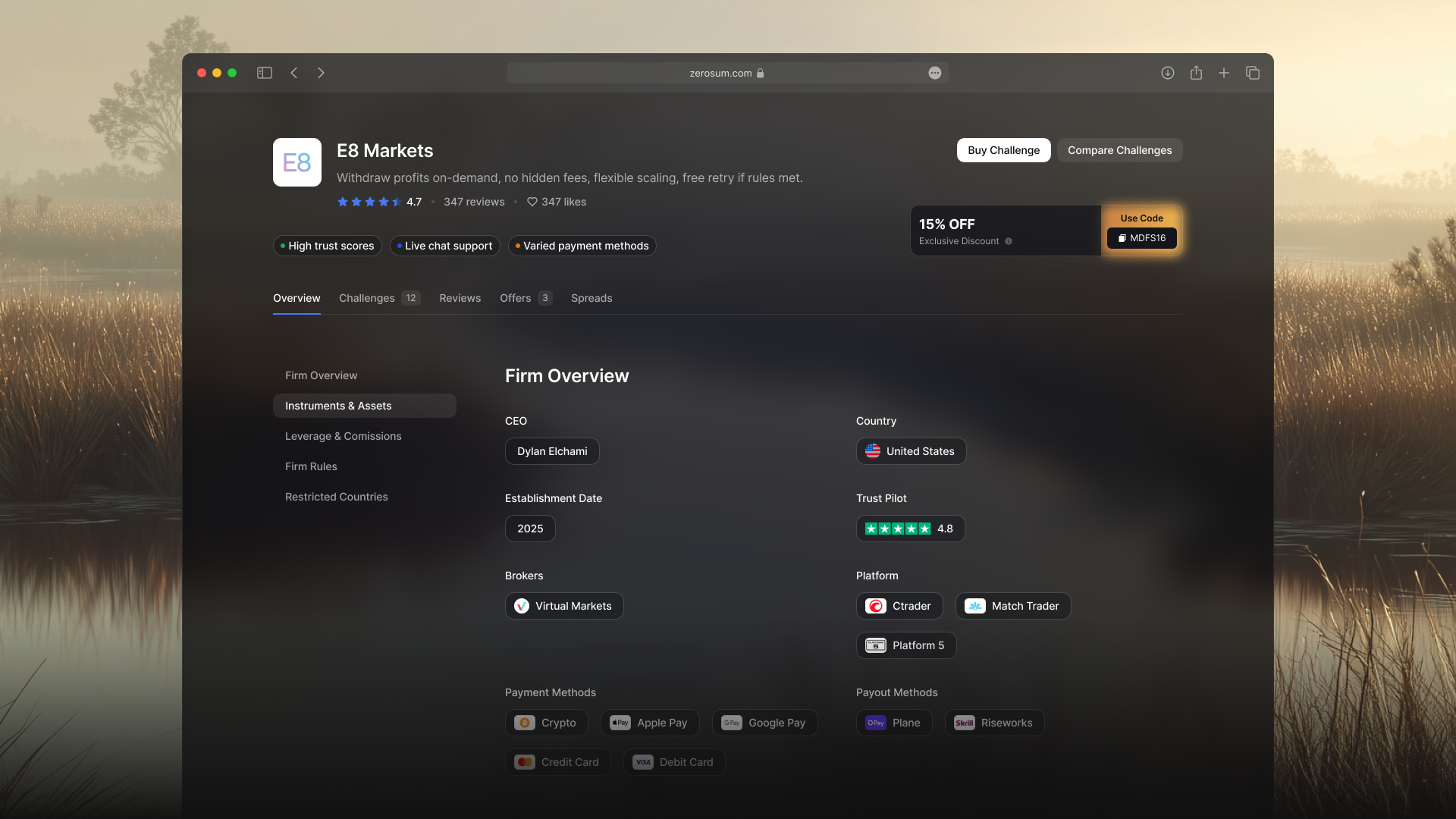 E8 Markets firm profile page on Scanprops, showing brokers and payment methods