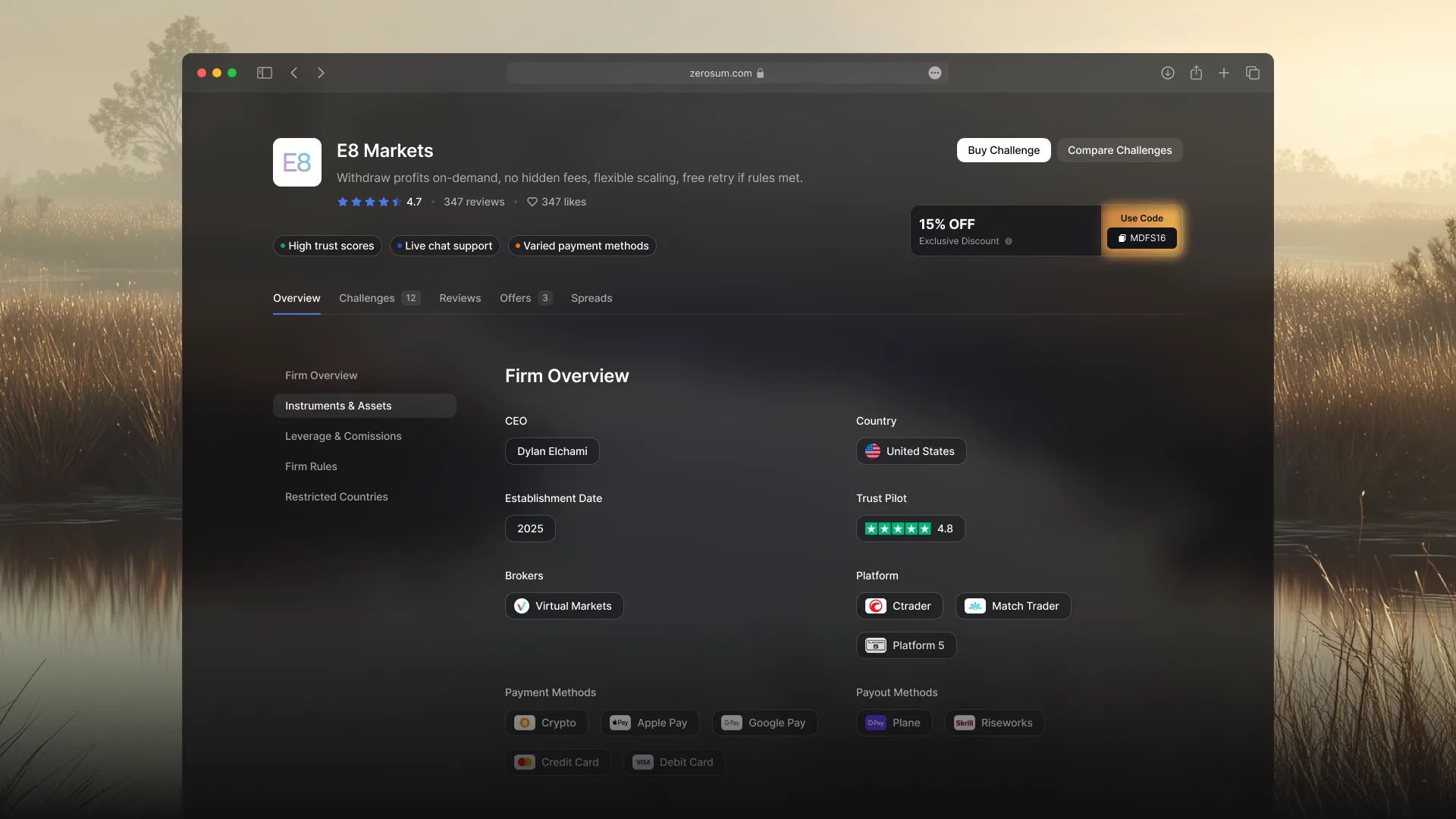 E8 Markets firm profile page on Scanprops, showing brokers and payment methods
