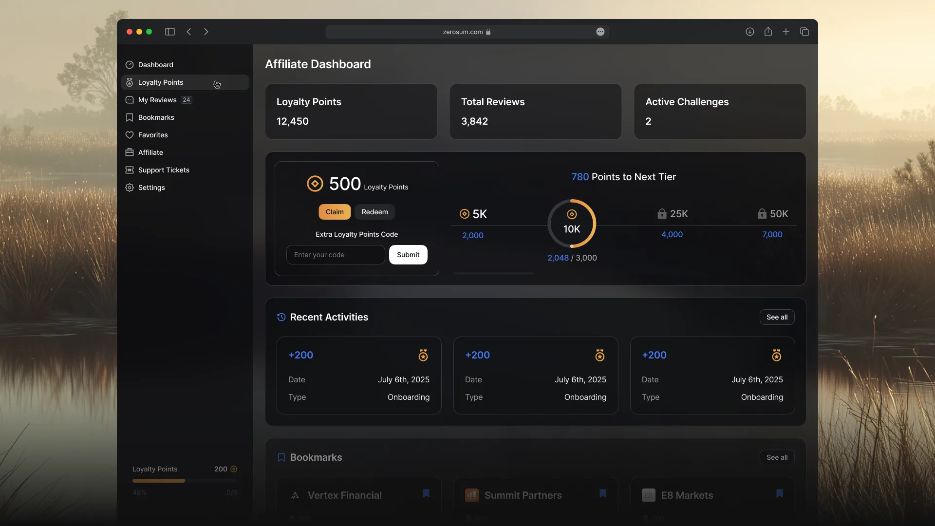 Scanprops affiliate dashboard with loyalty points and bookmarks