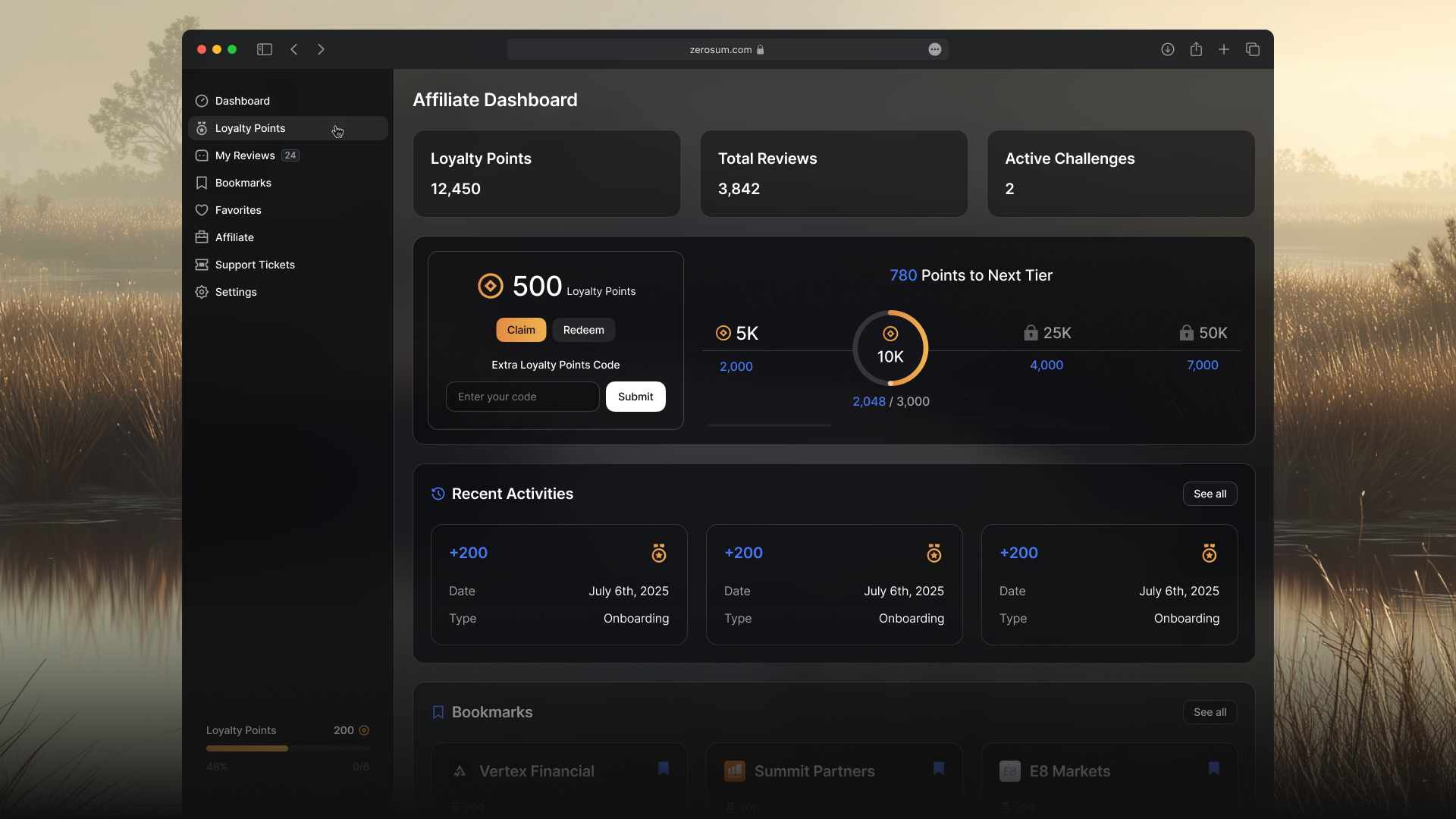 Scanprops affiliate dashboard with loyalty points and bookmarks