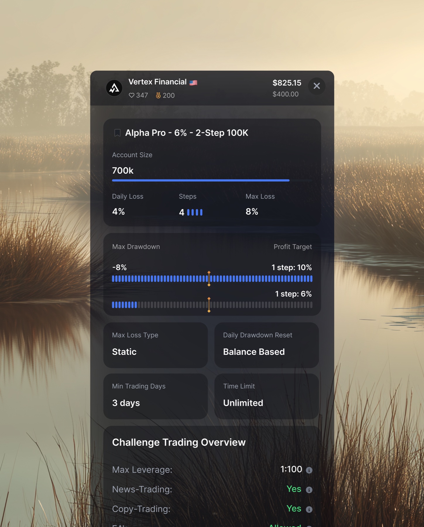 Vertex Financial challenge detail card overlaid on the Scanprops app