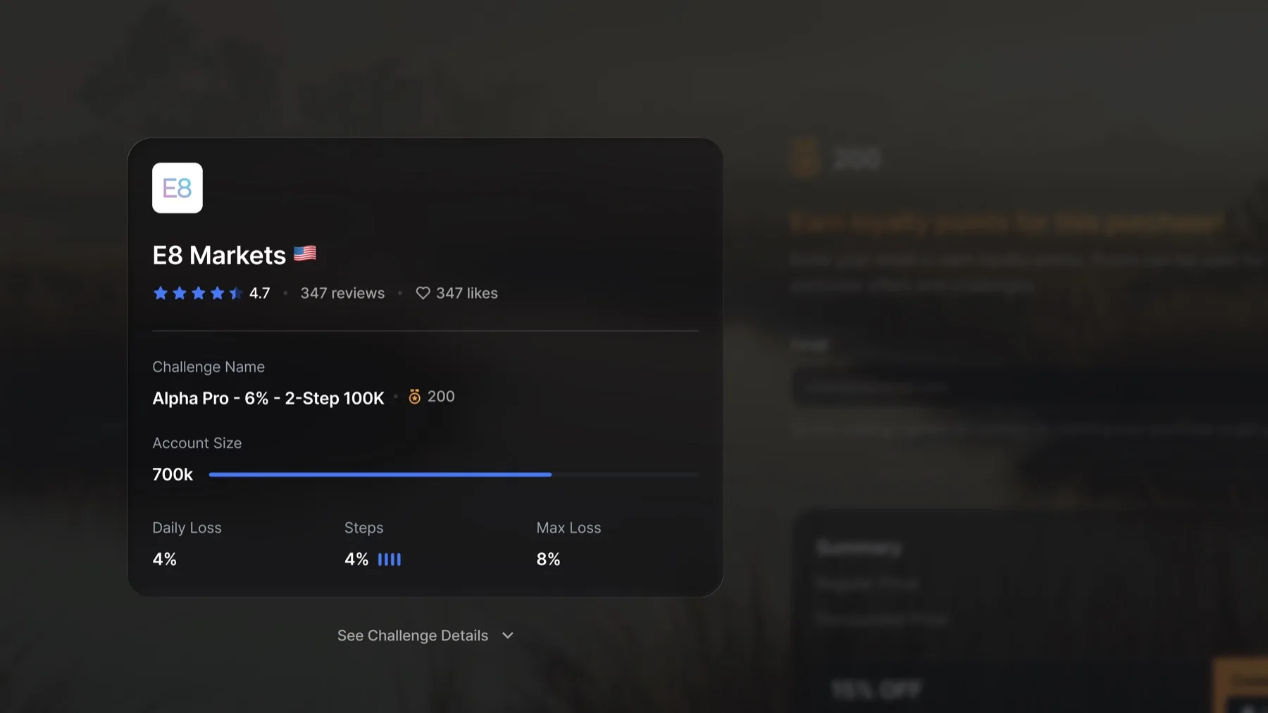 E8 Markets challenge selection modal on Scanprops