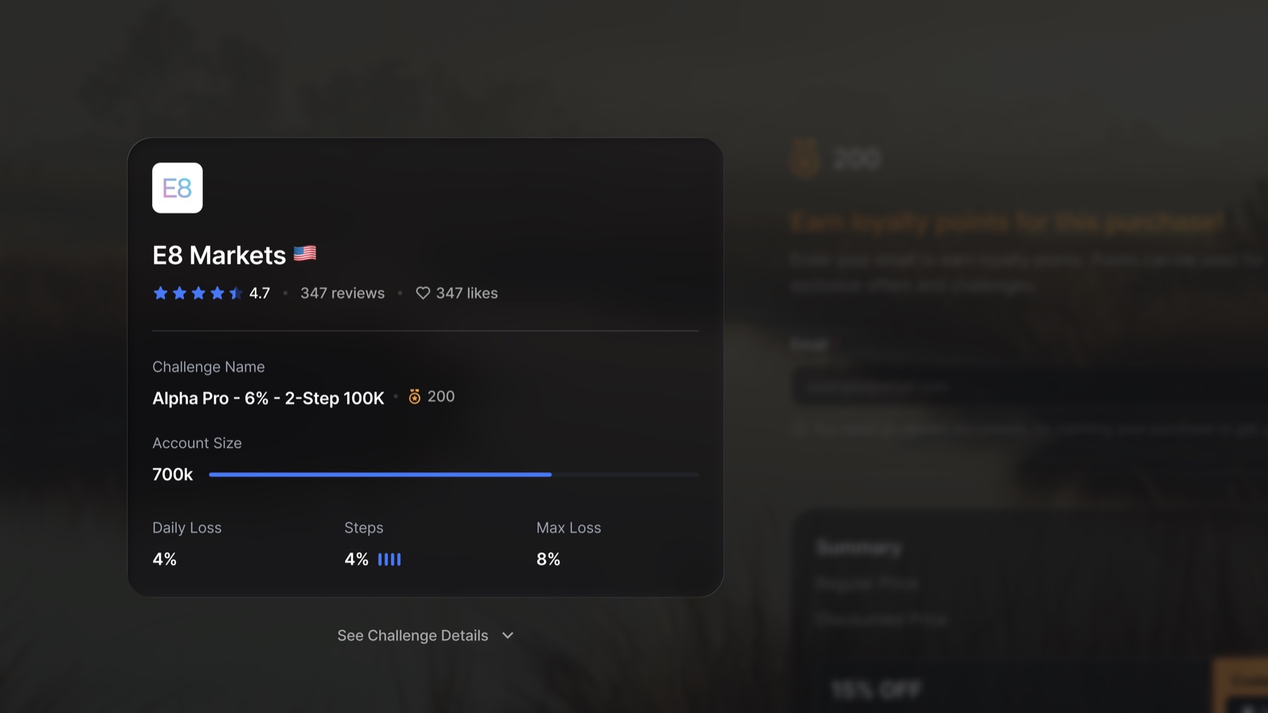 E8 Markets challenge selection modal on Scanprops