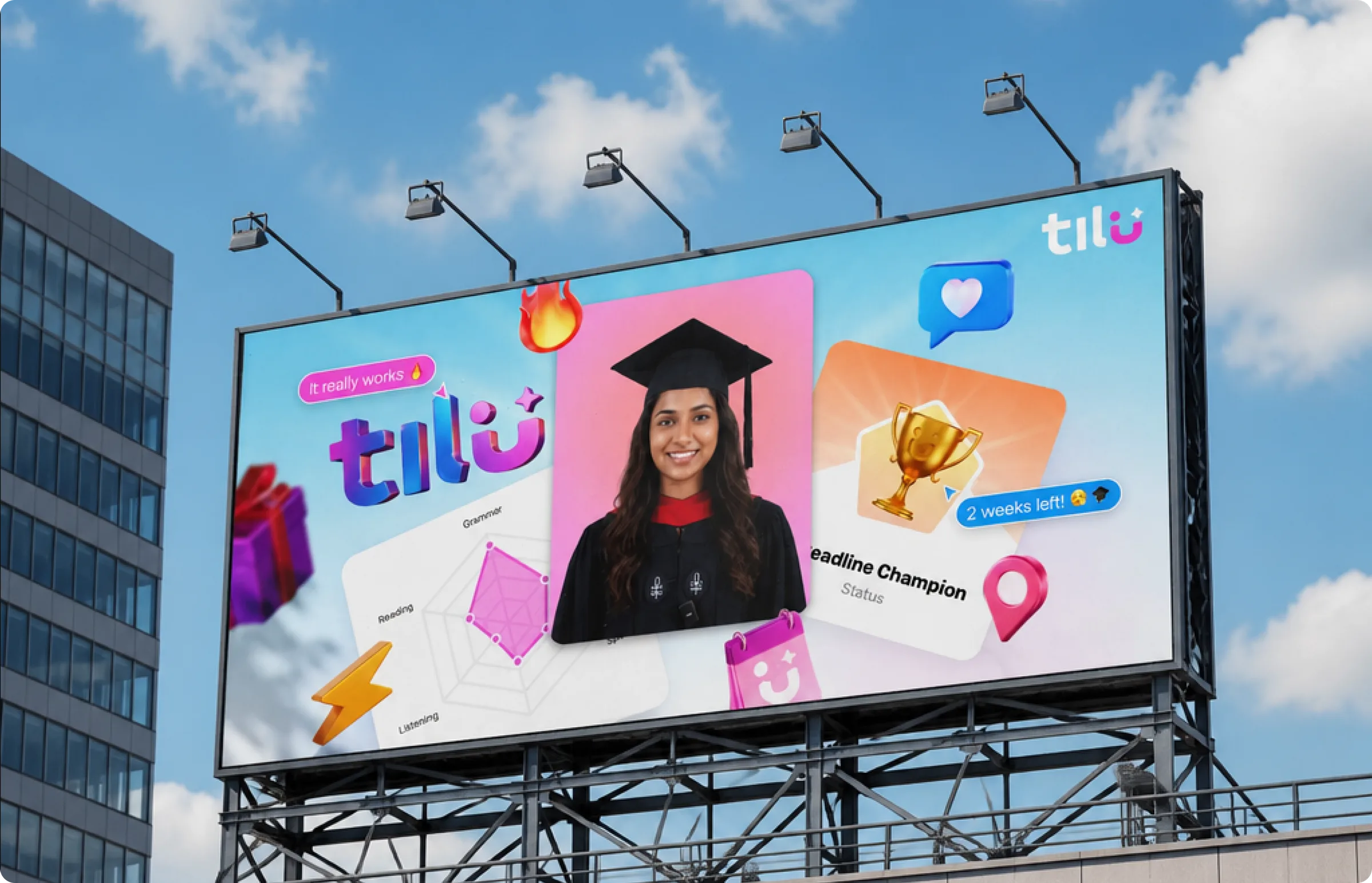 Tilu campaign billboard mounted on a building against a blue sky