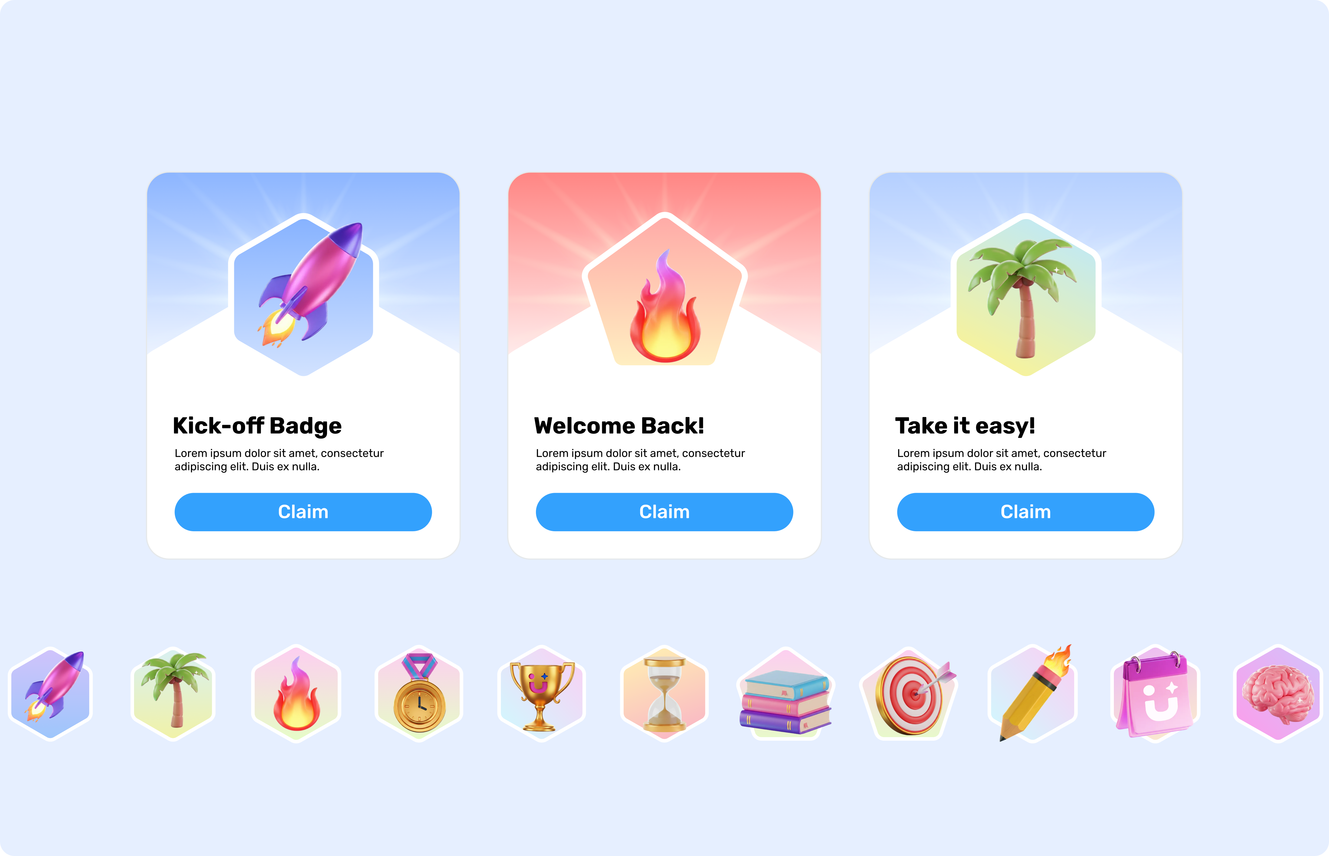 Tilu gamification badge cards: Kick-off, Welcome Back, Take it easy