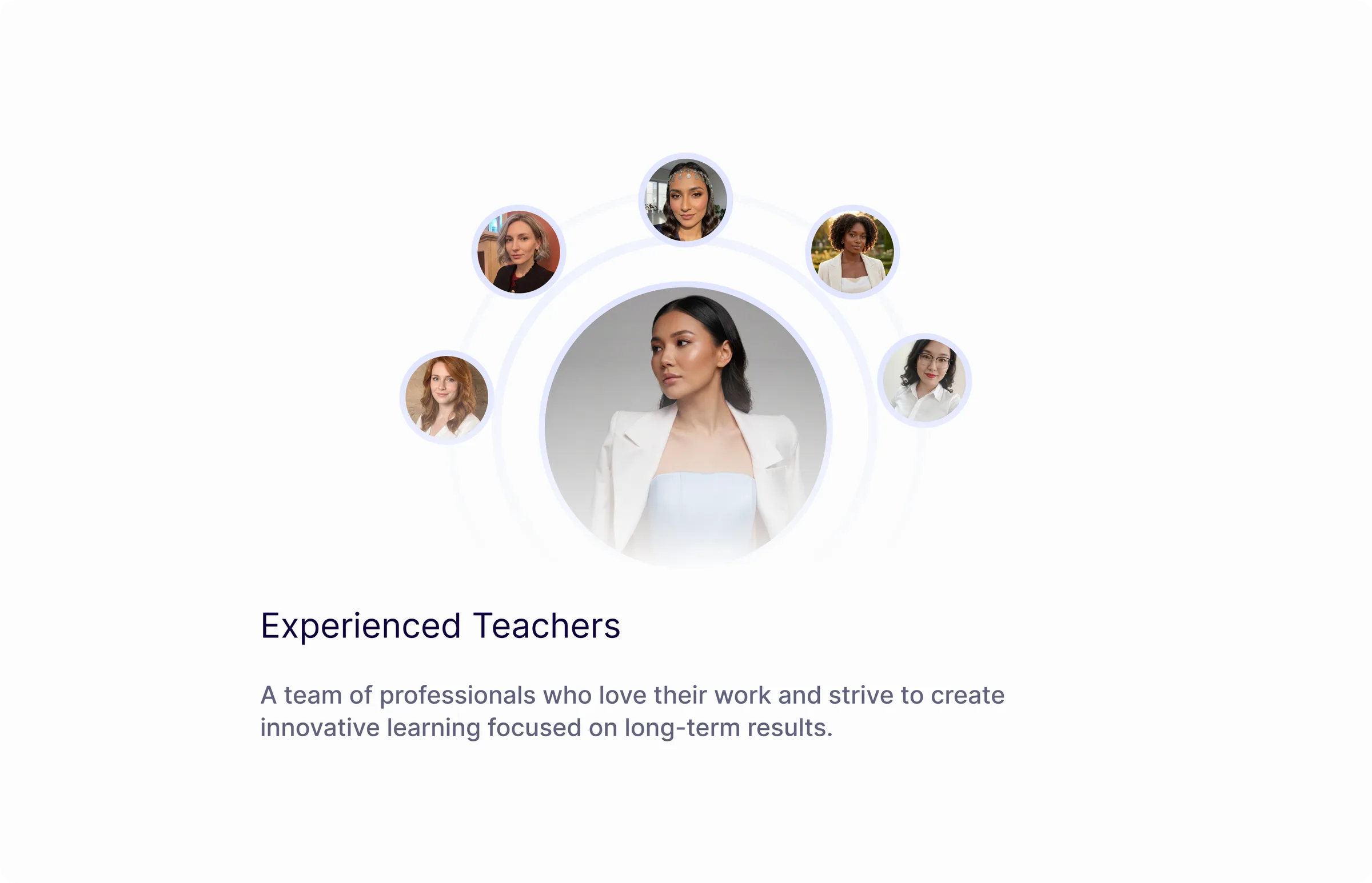 Tilu 'Experienced Teachers' section: a lead portrait ringed by orbiting teacher avatars