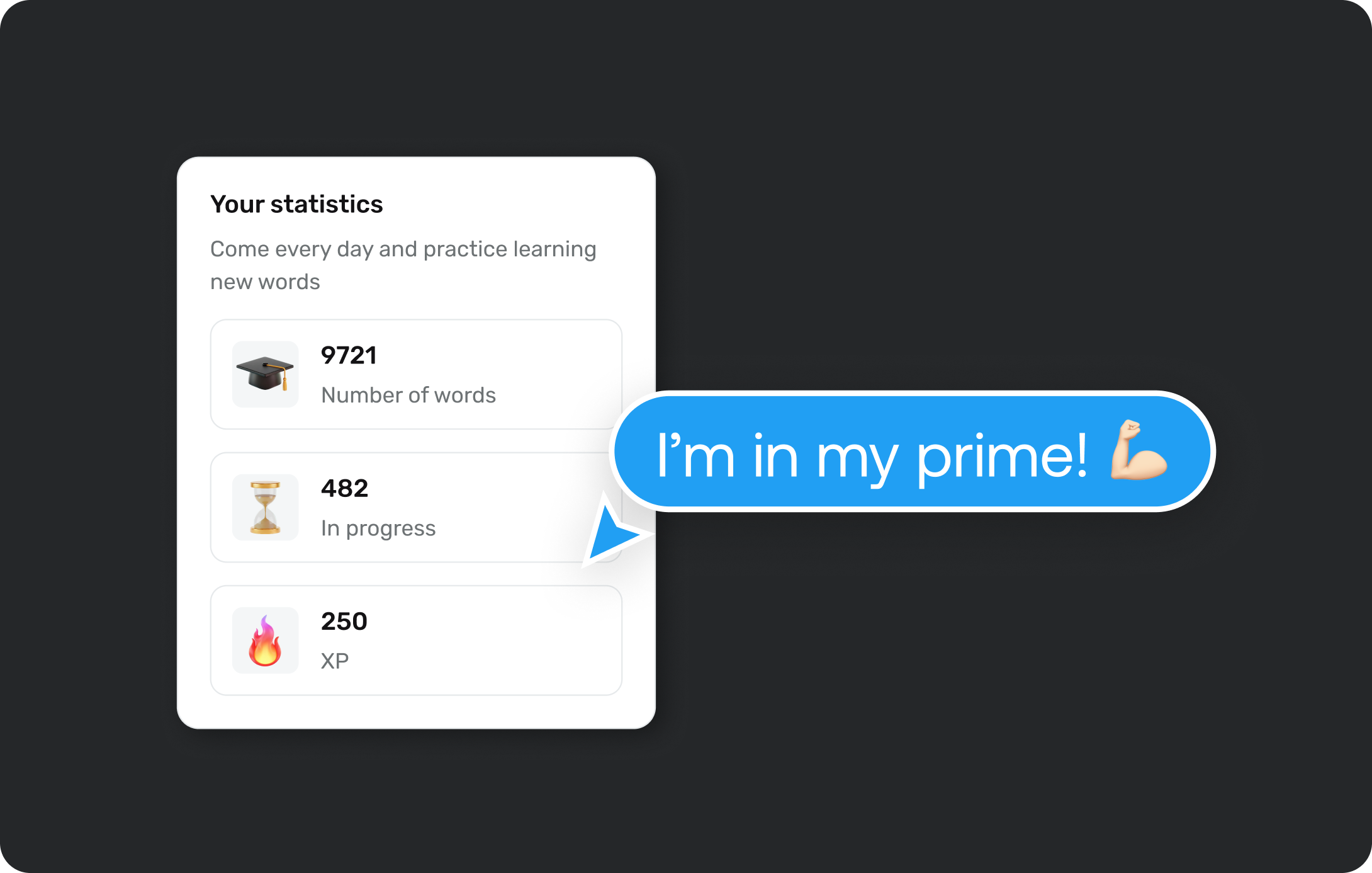Tilu 'Your statistics' card showing words learned and streak