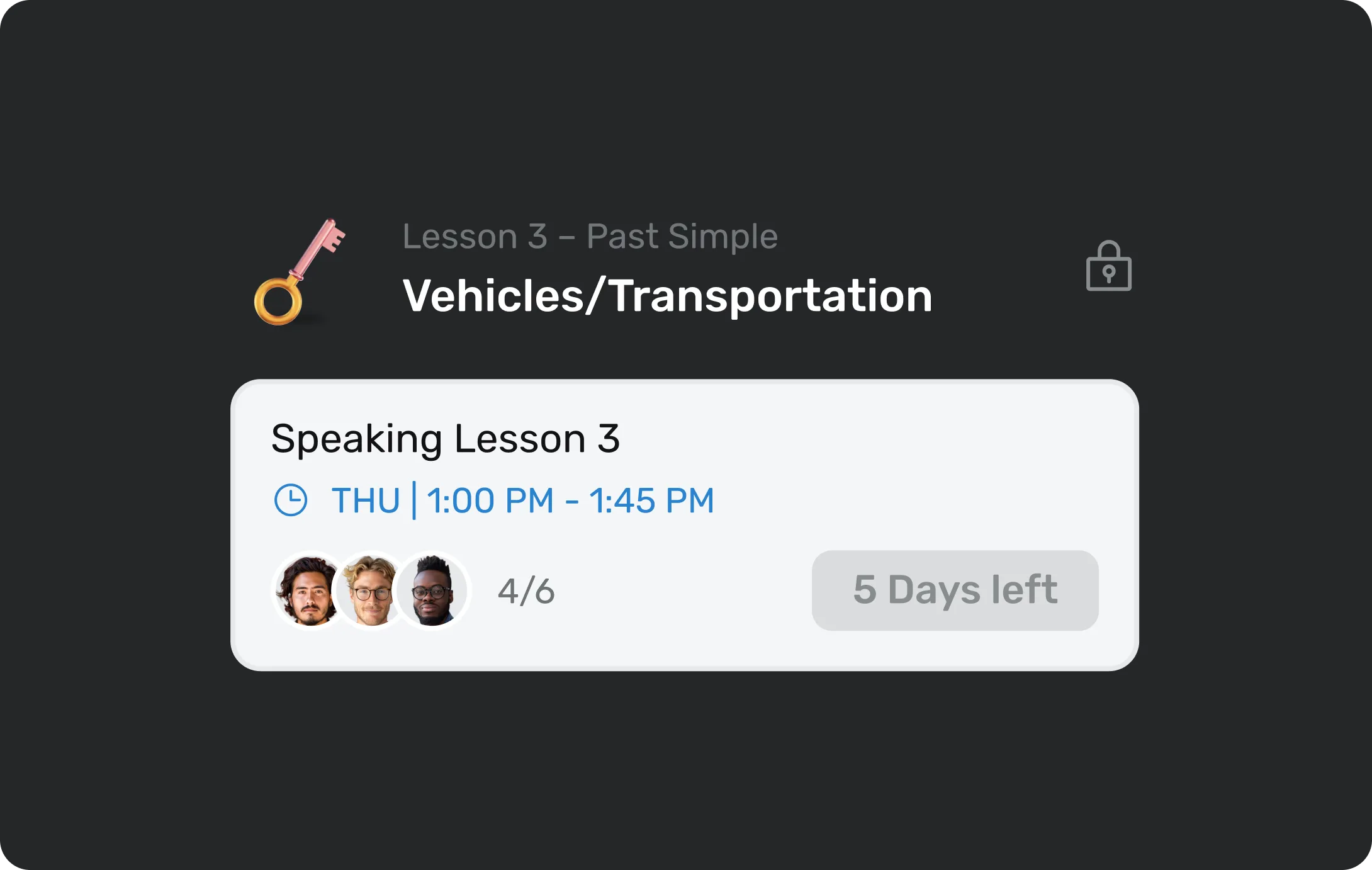 Tilu lesson schedule card: Speaking Lesson 3, Thursday 1:00-1:45 PM, 5 days left