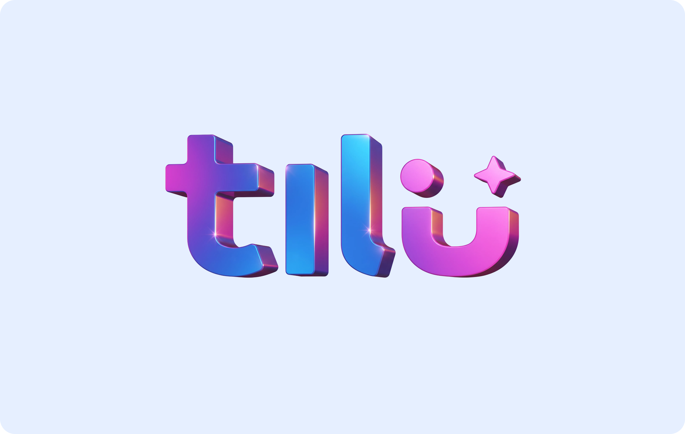 3D Tilu wordmark in blue and pink on a lavender field