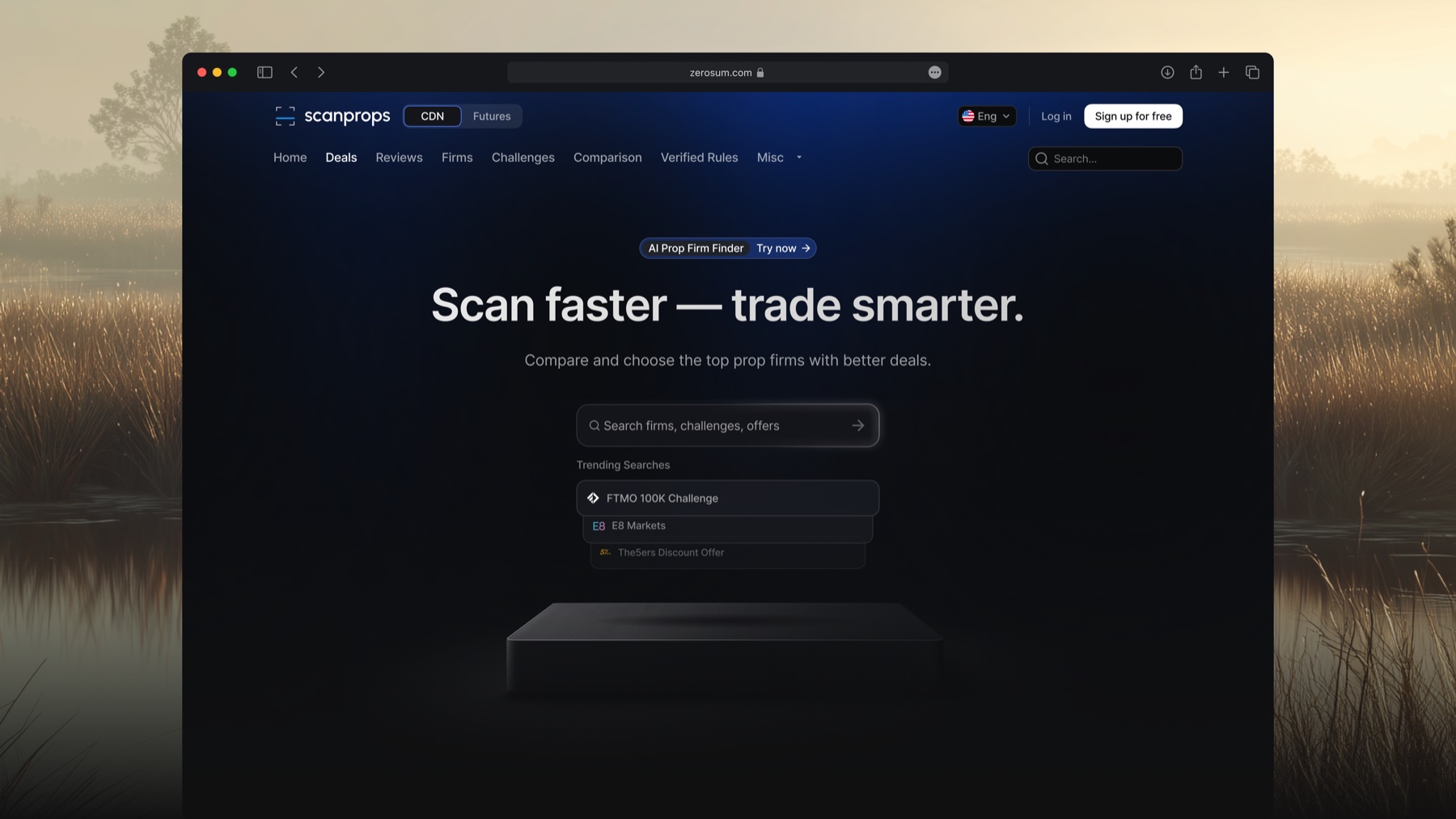 Scanprops homepage: 'Scan faster — trade smarter' search hero