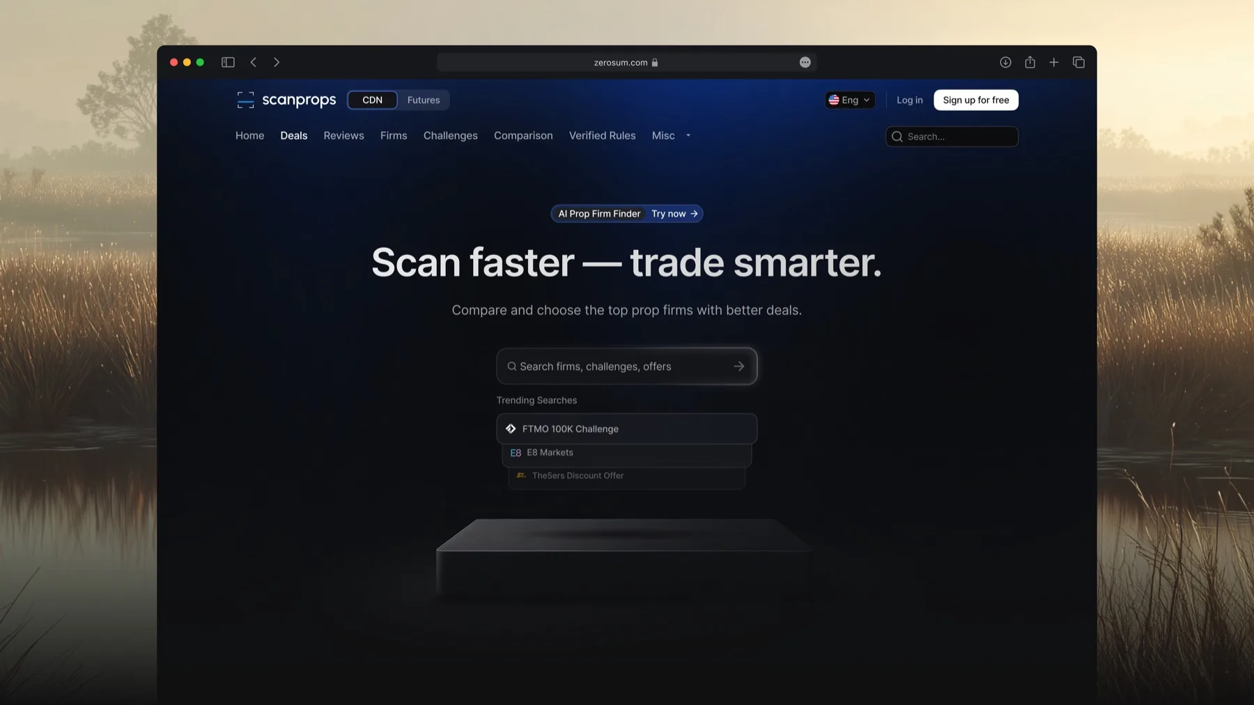 Scanprops homepage: 'Scan faster — trade smarter' search hero