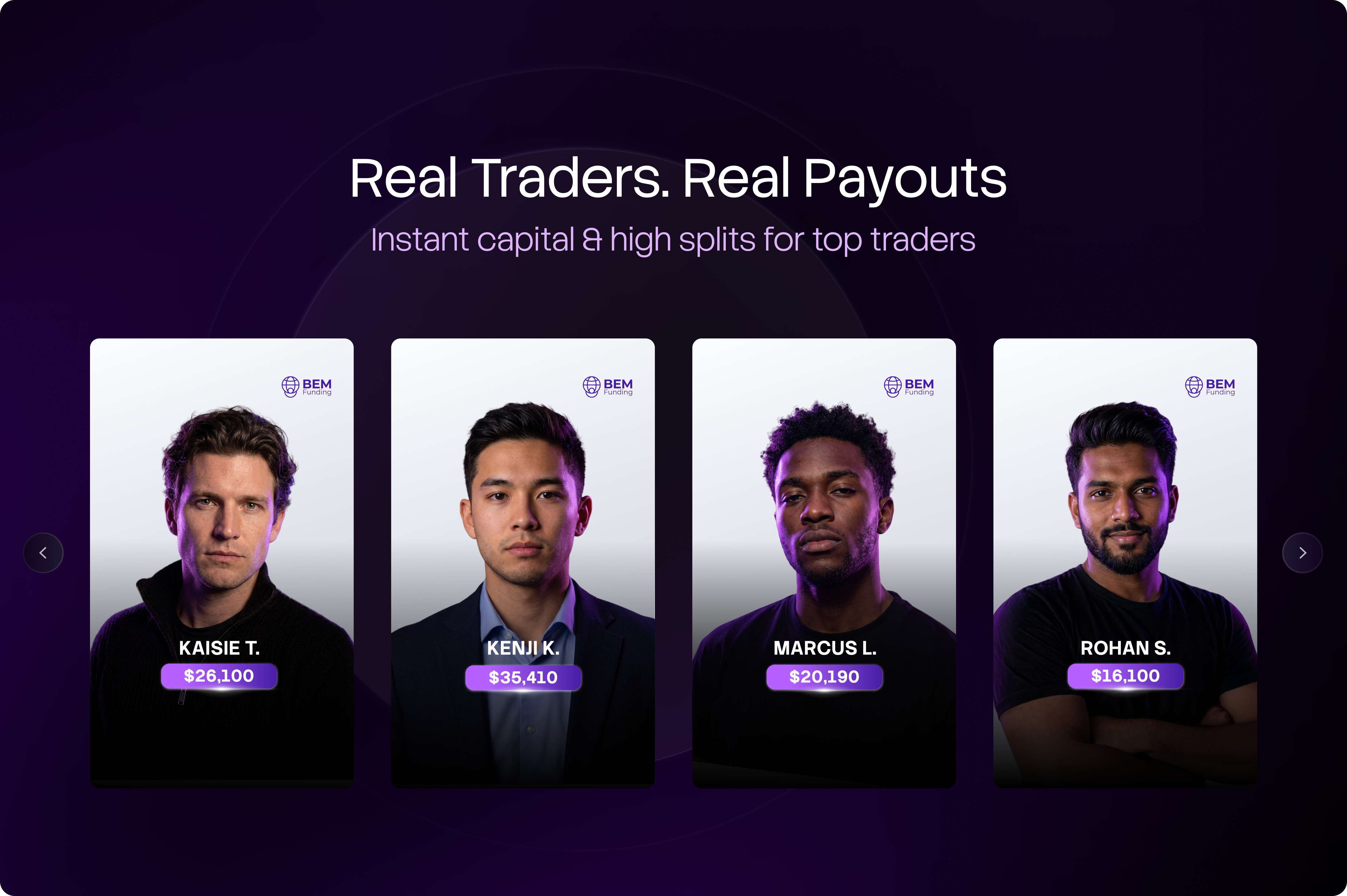 Real Traders, Real Payouts: four BEM trader spotlight cards