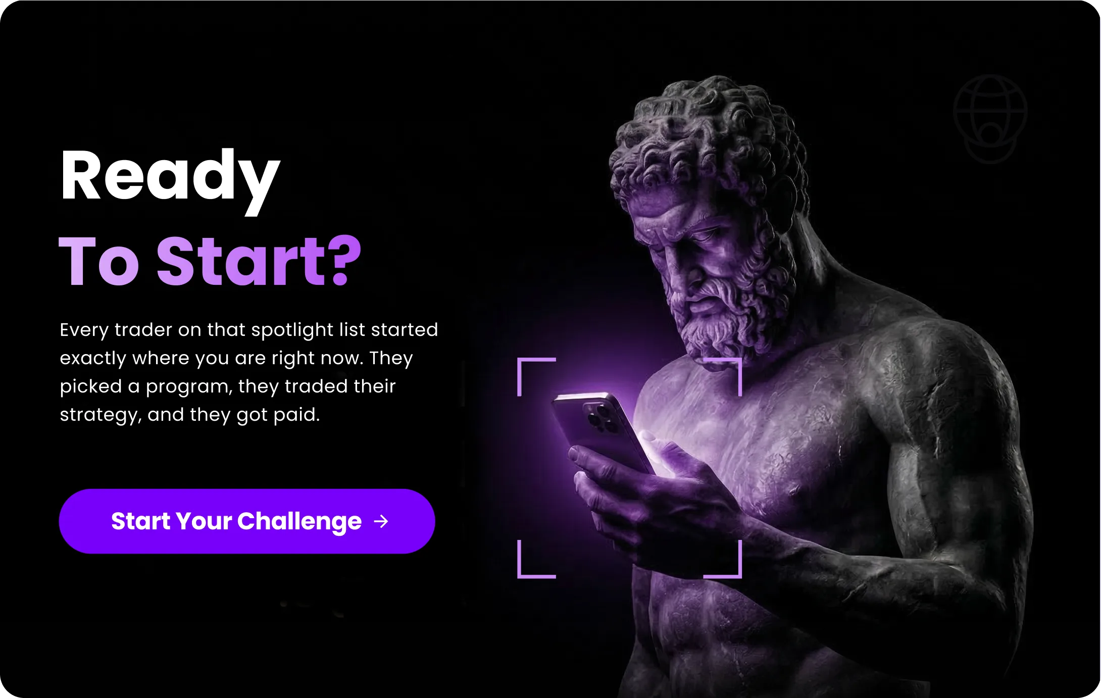 'Ready To Start?' key visual: a statue checking a phone, Start Your Challenge CTA