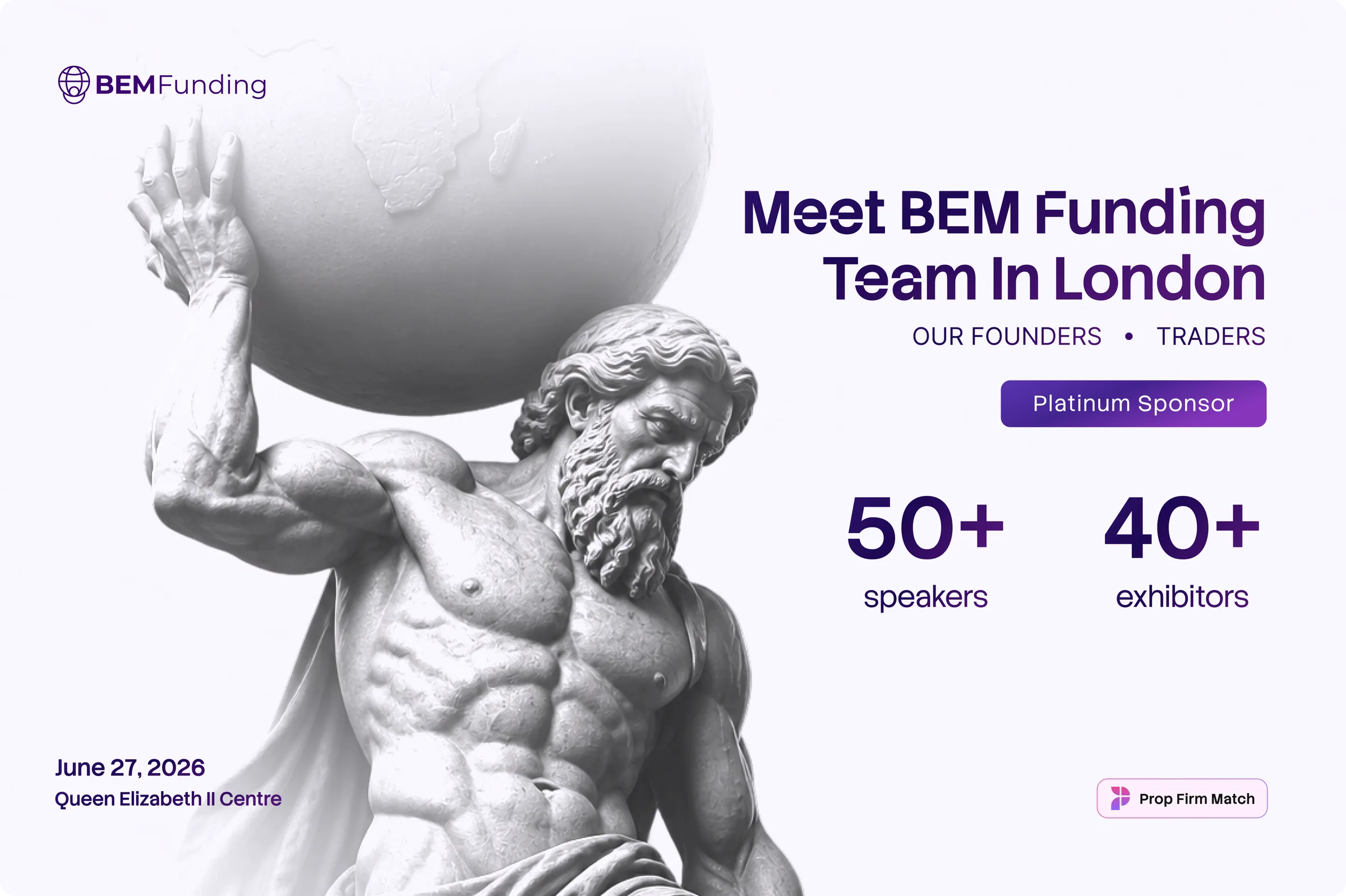 'Meet BEM Funding Team In London' event key visual with an Atlas statue holding the globe