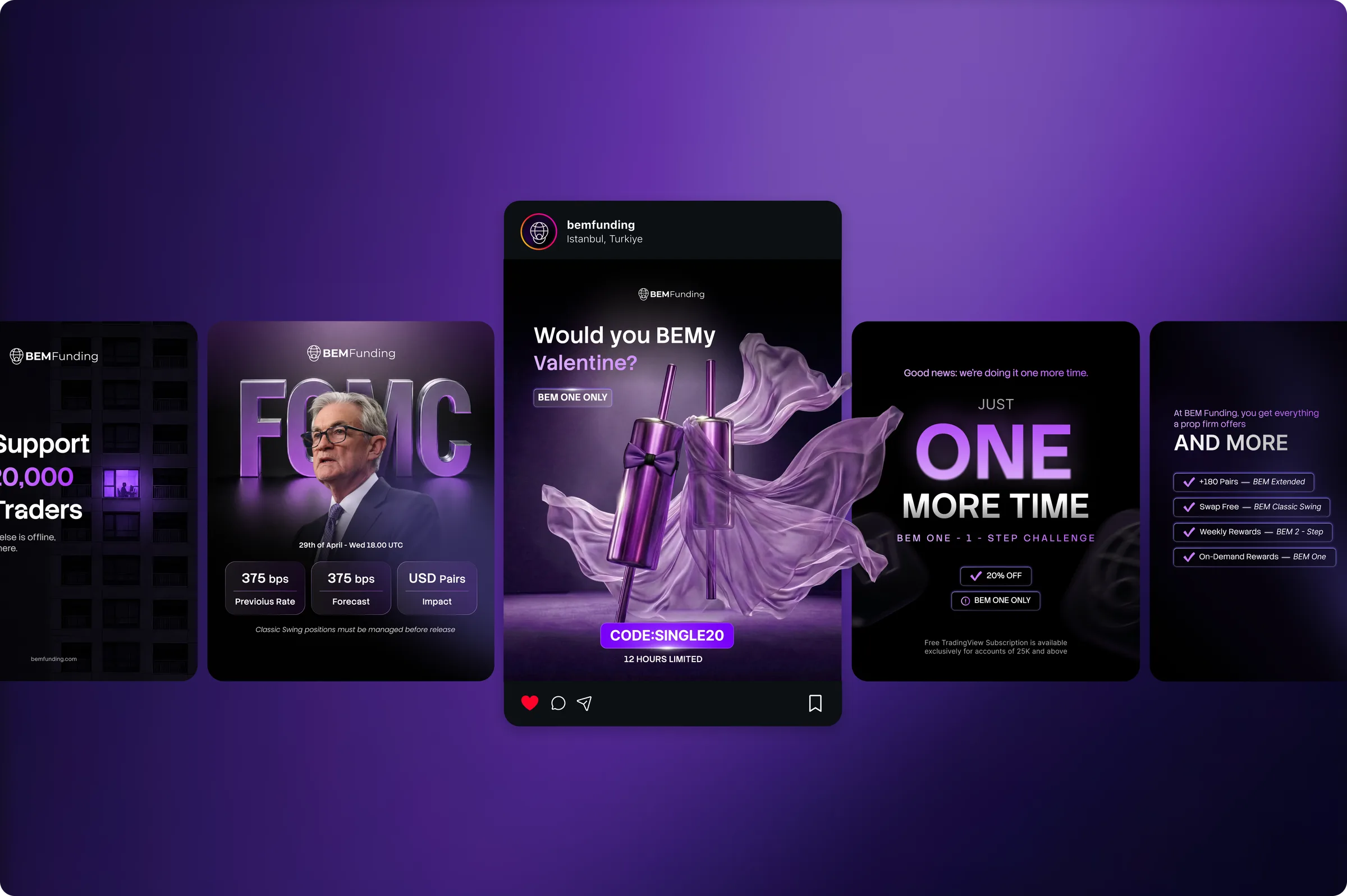 Row of five BEM Funding campaign social cards: Support, FOMC, Valentine's, Just One More Time, And More