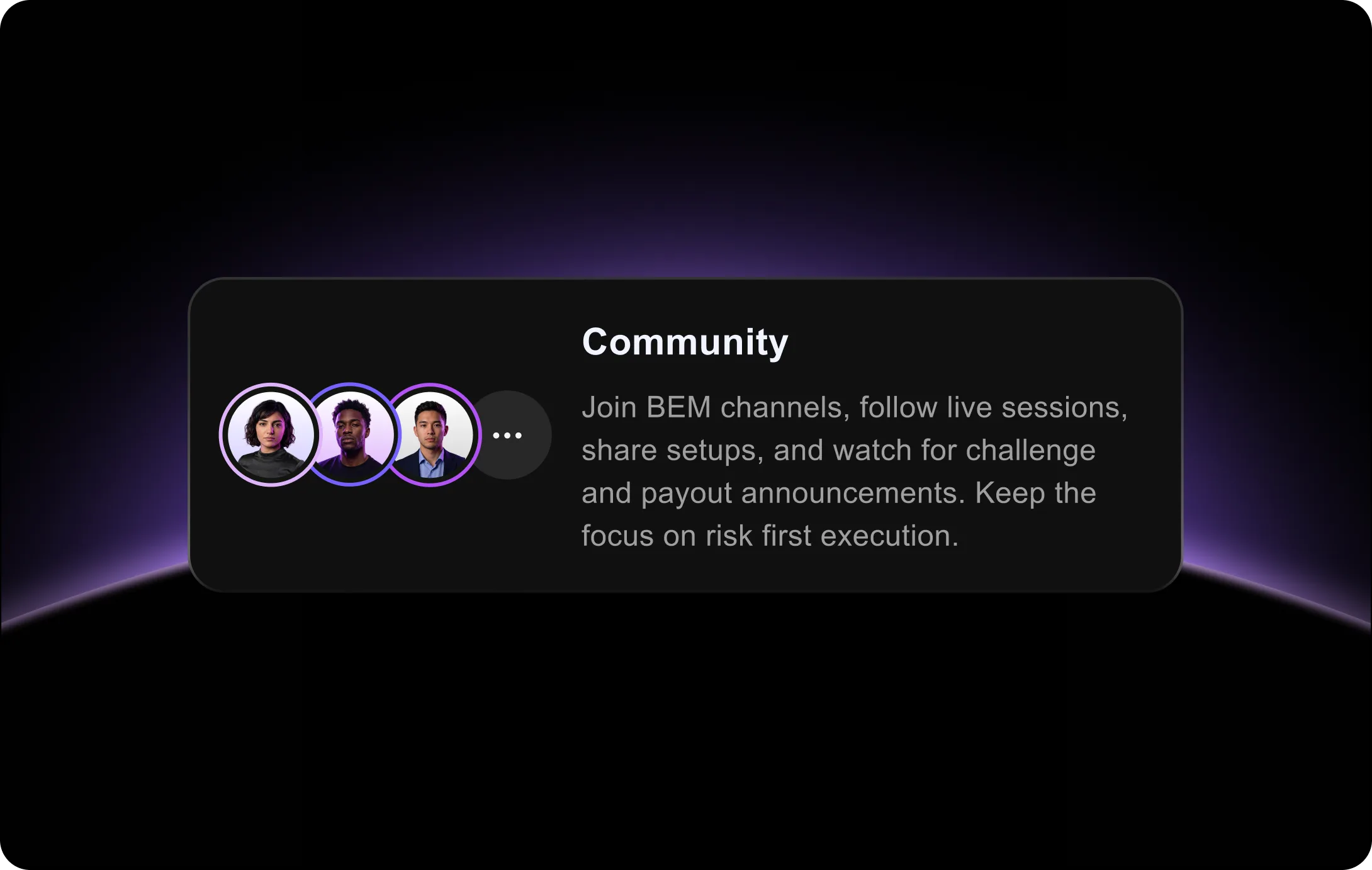 Community card: BEM trader avatars with a note on joining BEM channels