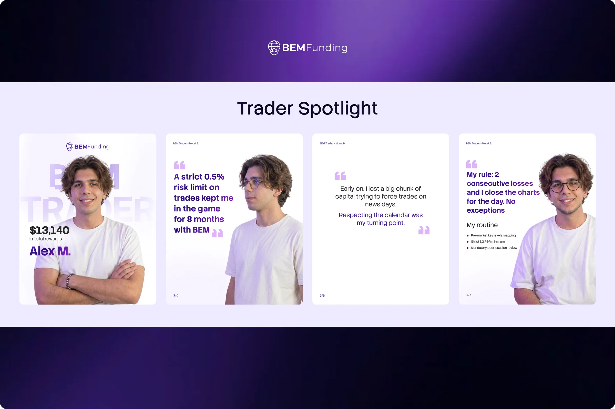 'Trader Spotlight' row: Alex M. and three trader testimonial quote cards
