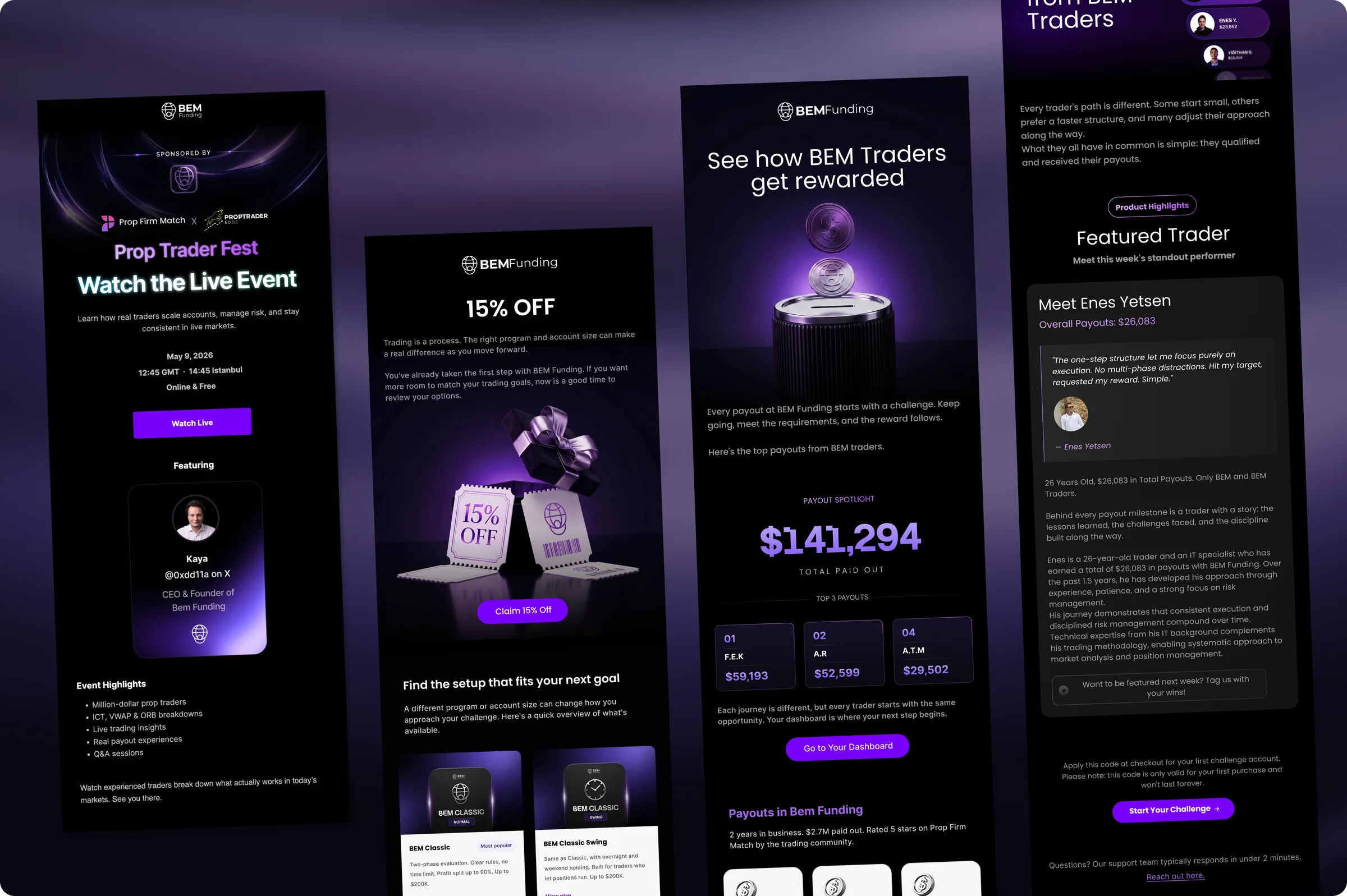 Row of four promo cards: Prop Trader Fest live event, 15% off, top payouts, featured trader