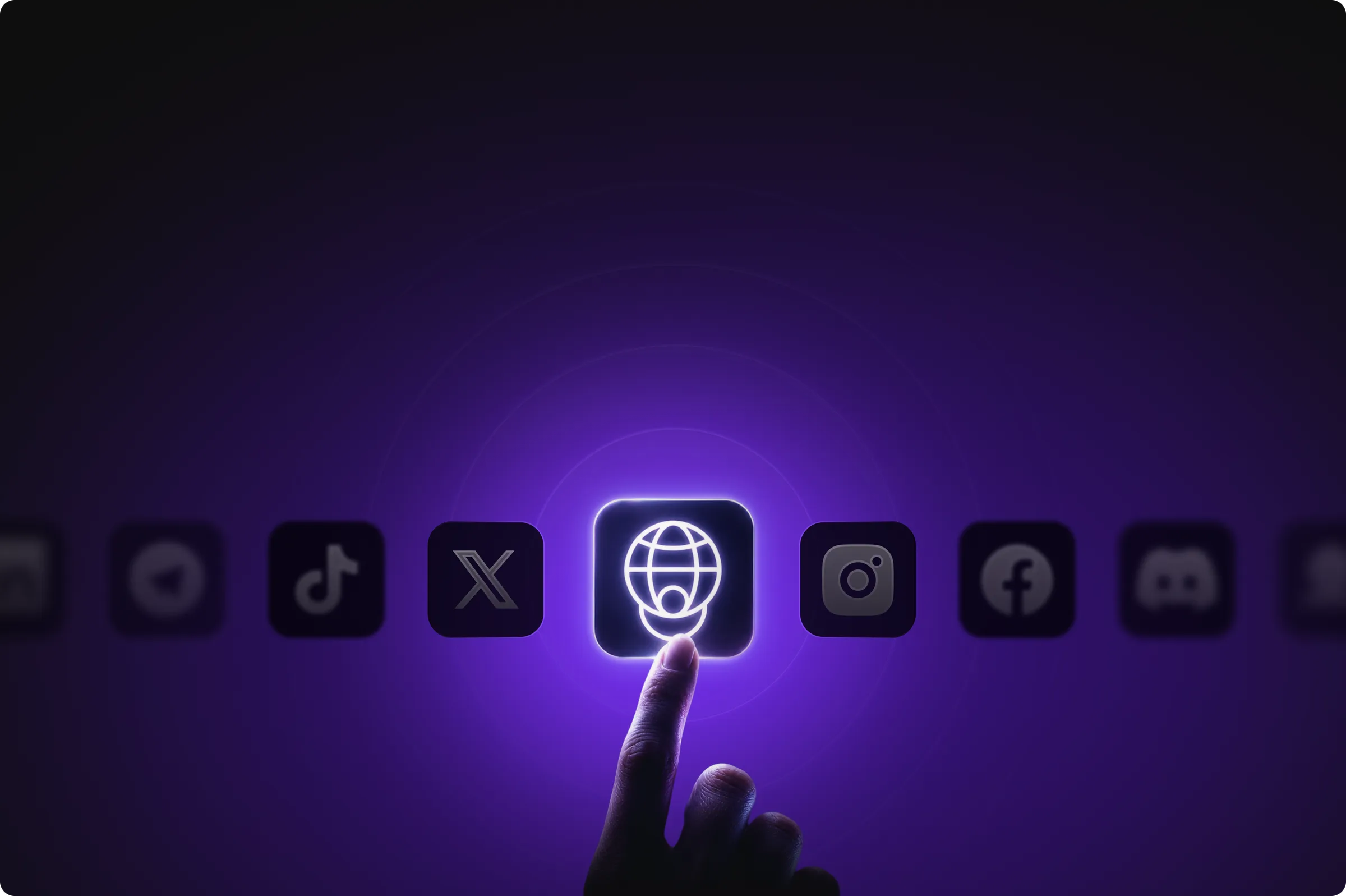 A hand reaching toward a glowing BEM globe icon among social platform icons