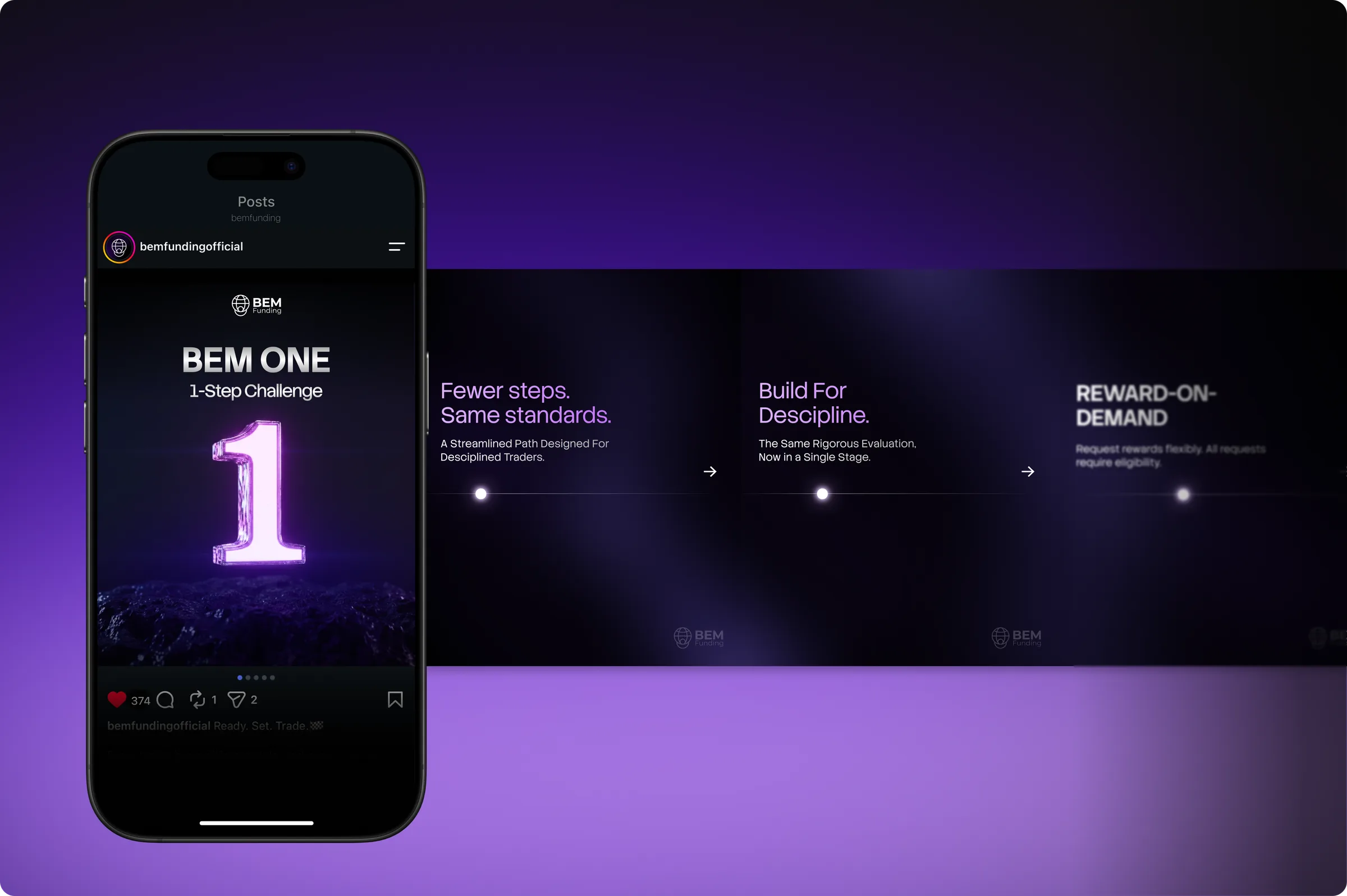 Phone mockup of a 'BEM ONE — 1-Step Challenge' Instagram post beside a Fewer Steps / Build For Discipline / Reward-On-Demand feature strip