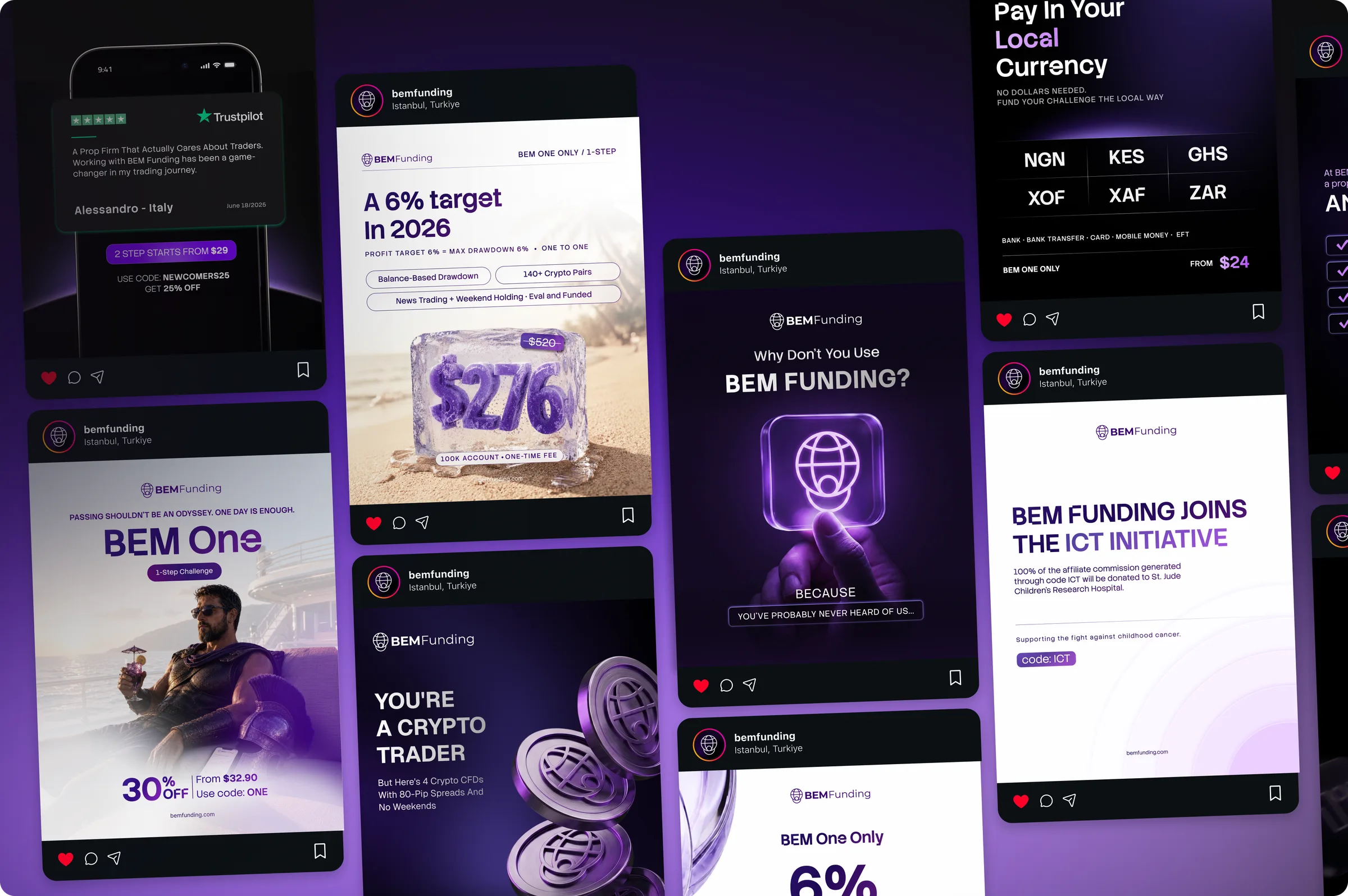 Row of BEM Funding Instagram promo cards: Trustpilot review, 6% target in 2026, BEM One, crypto trading, and more