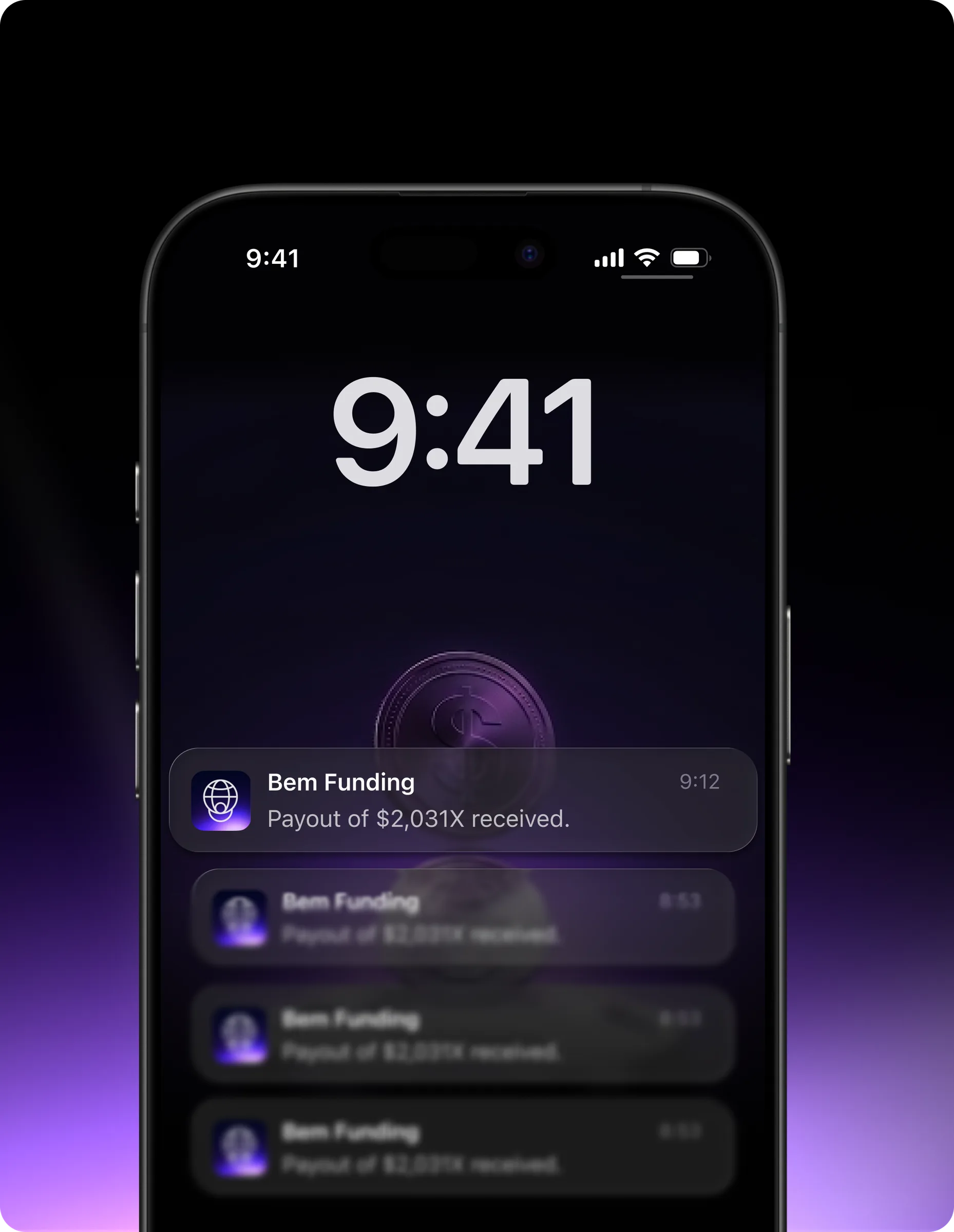 Phone lock screen showing a BEM Funding payout notification
