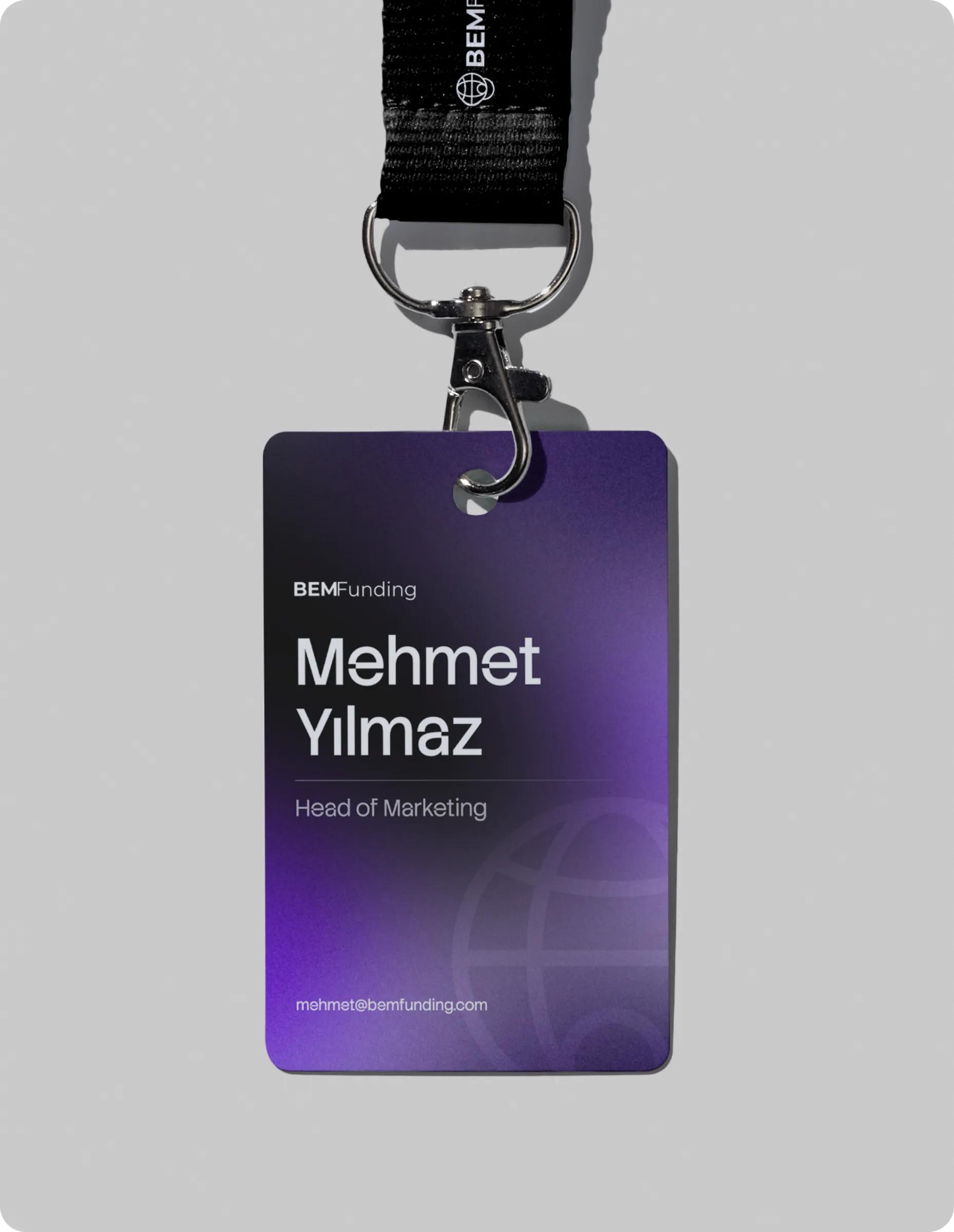 Lanyard and ID-badge mockup for Mehmet Yilmaz, Head of Marketing