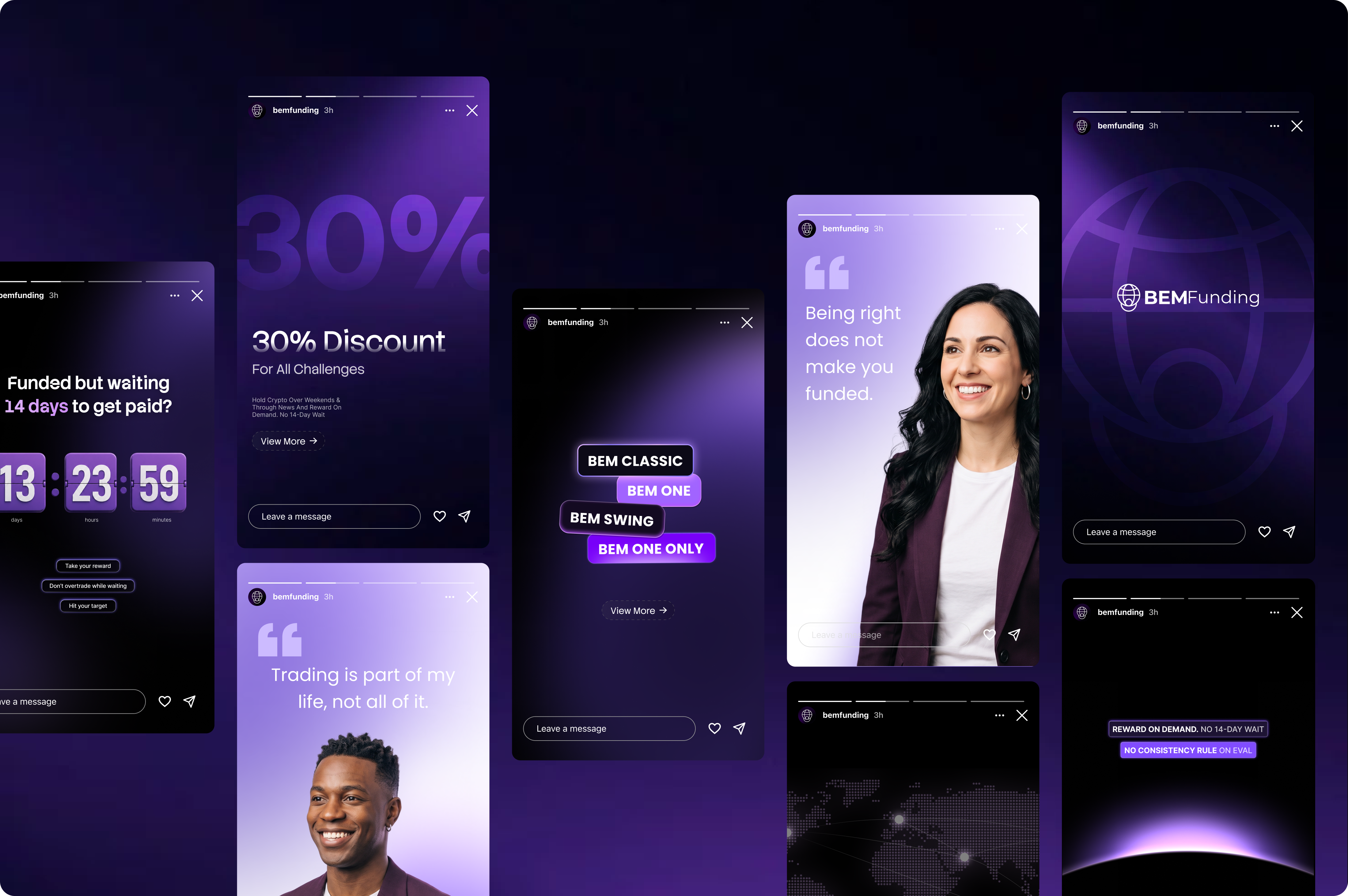 Fan of BEM Funding Instagram story ads on a purple gradient