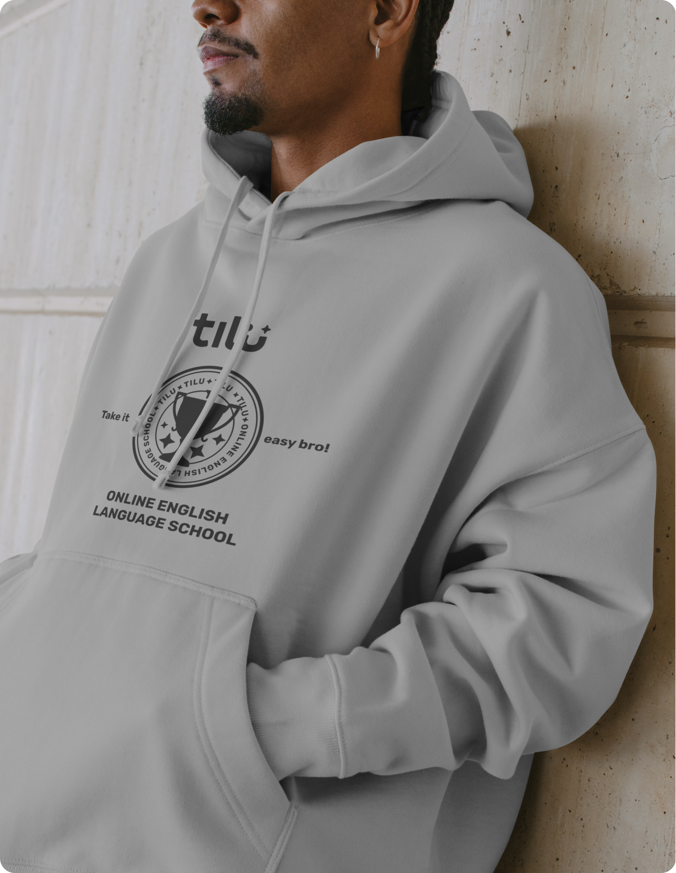 Tilu-branded hoodie worn on location