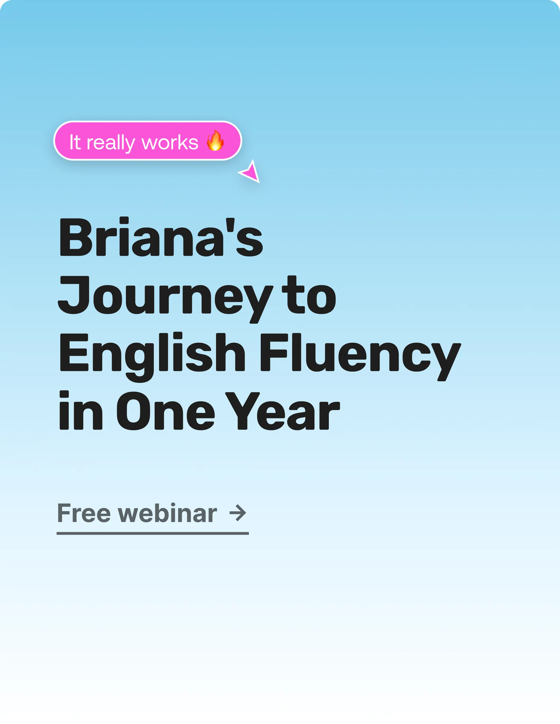 Tilu 'Briana's Journey to English Fluency in One Year' free webinar promo card