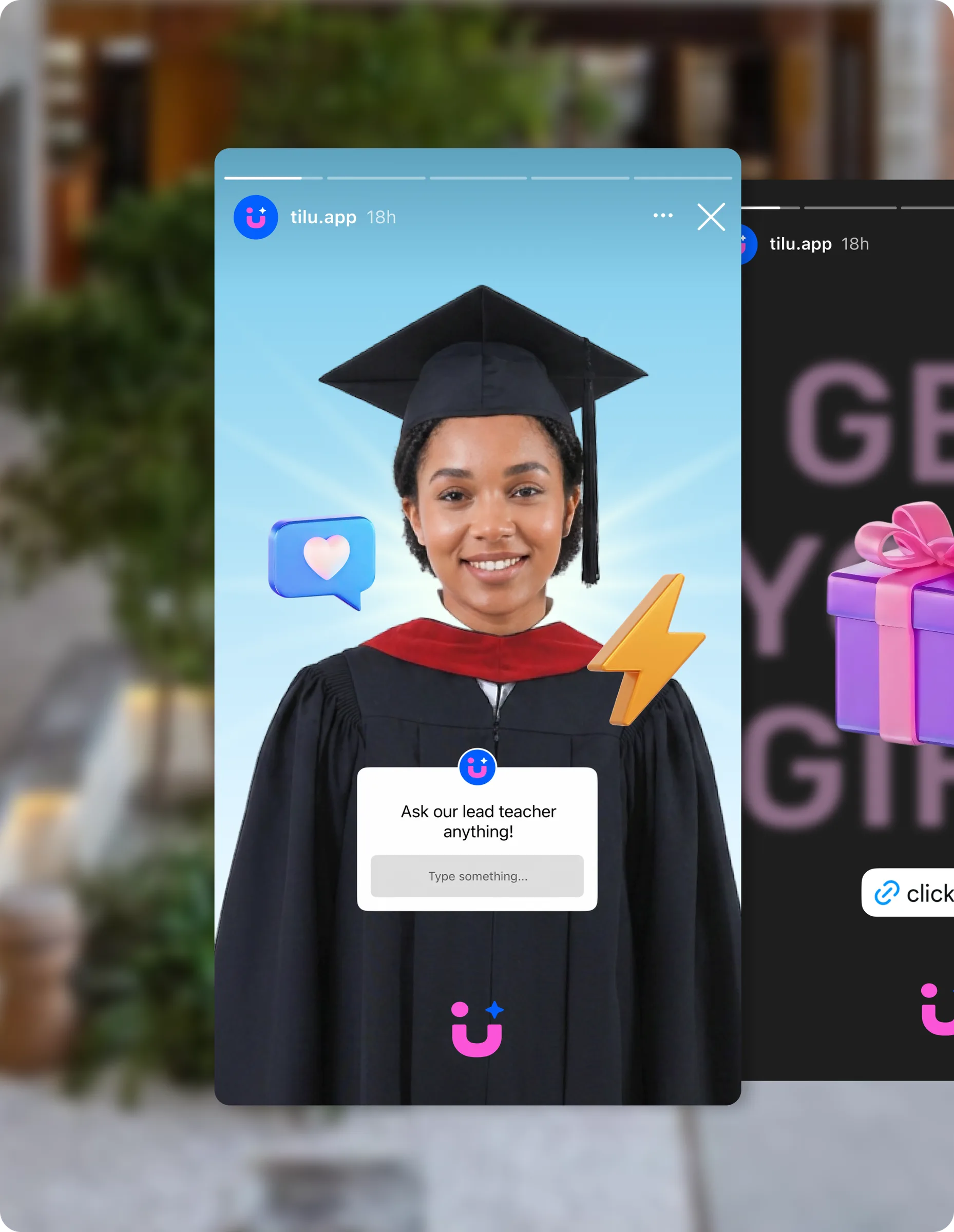 Tilu graduation-party campaign banner with student portrait and celebration stickers