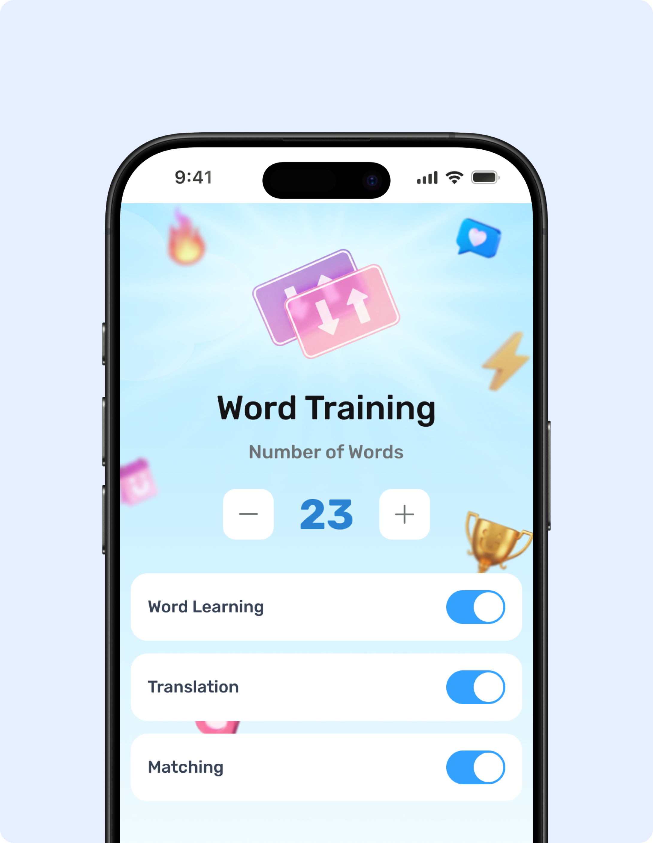 Tilu mobile app Word Training game screen