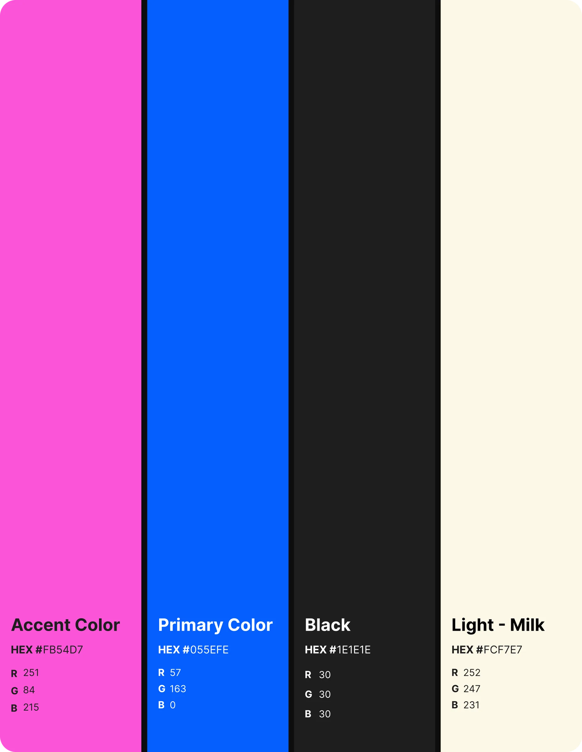 Tilu brand colour palette: accent pink, primary blue, black and milk