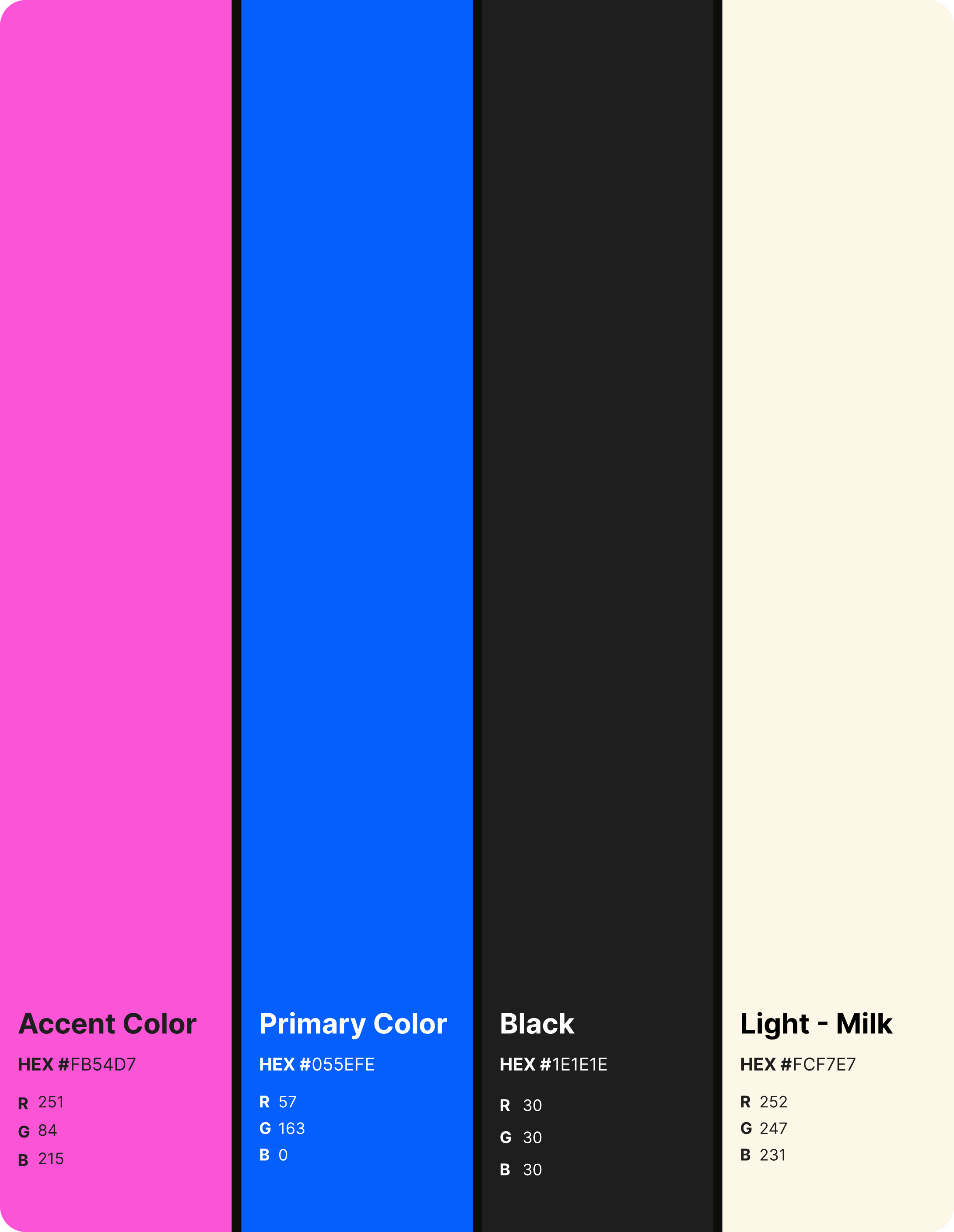 Tilu brand colour palette: accent pink, primary blue, black and milk
