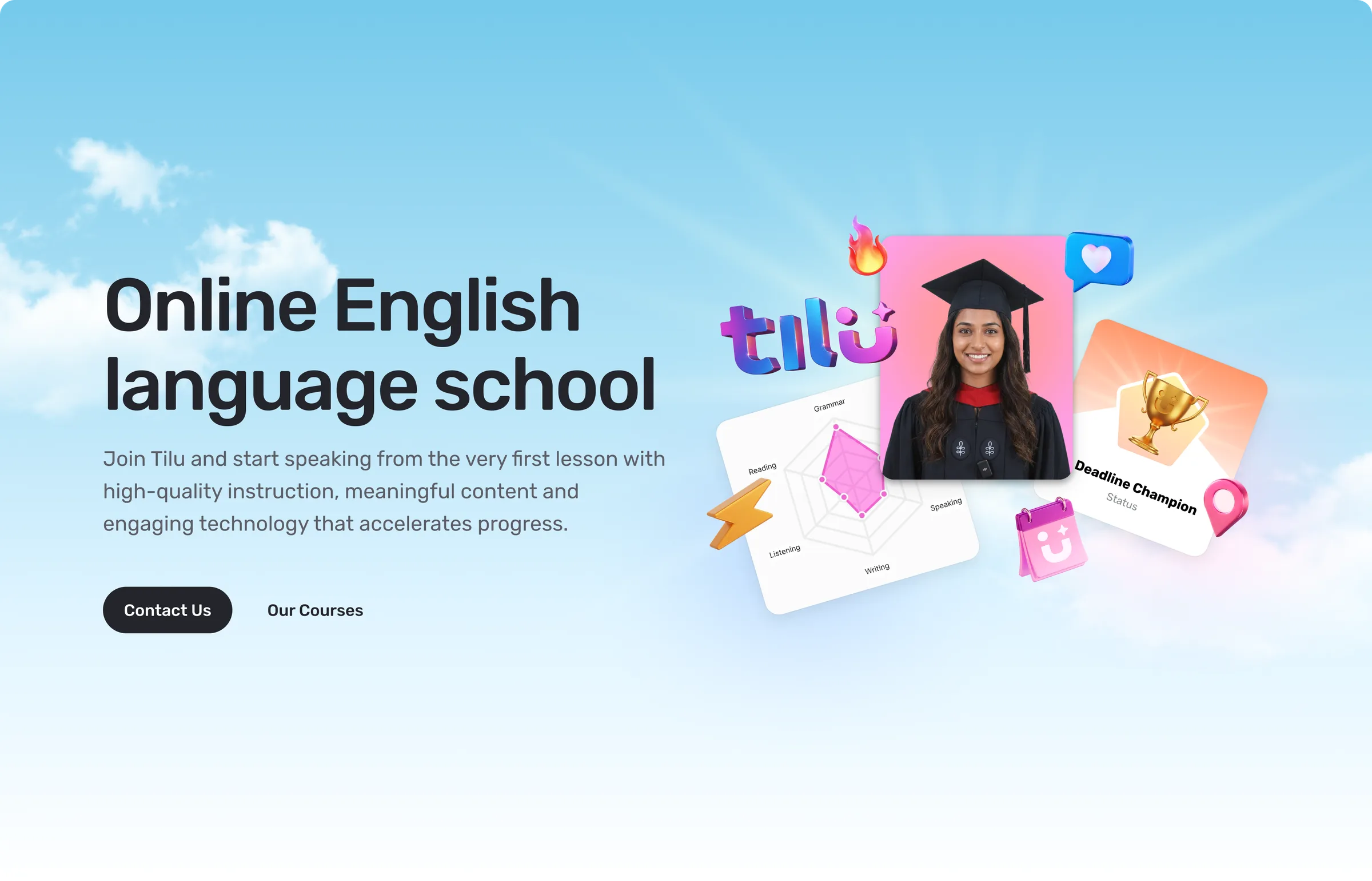 Tilu homepage: 'Online English language school' hero with the 3D tilu mark