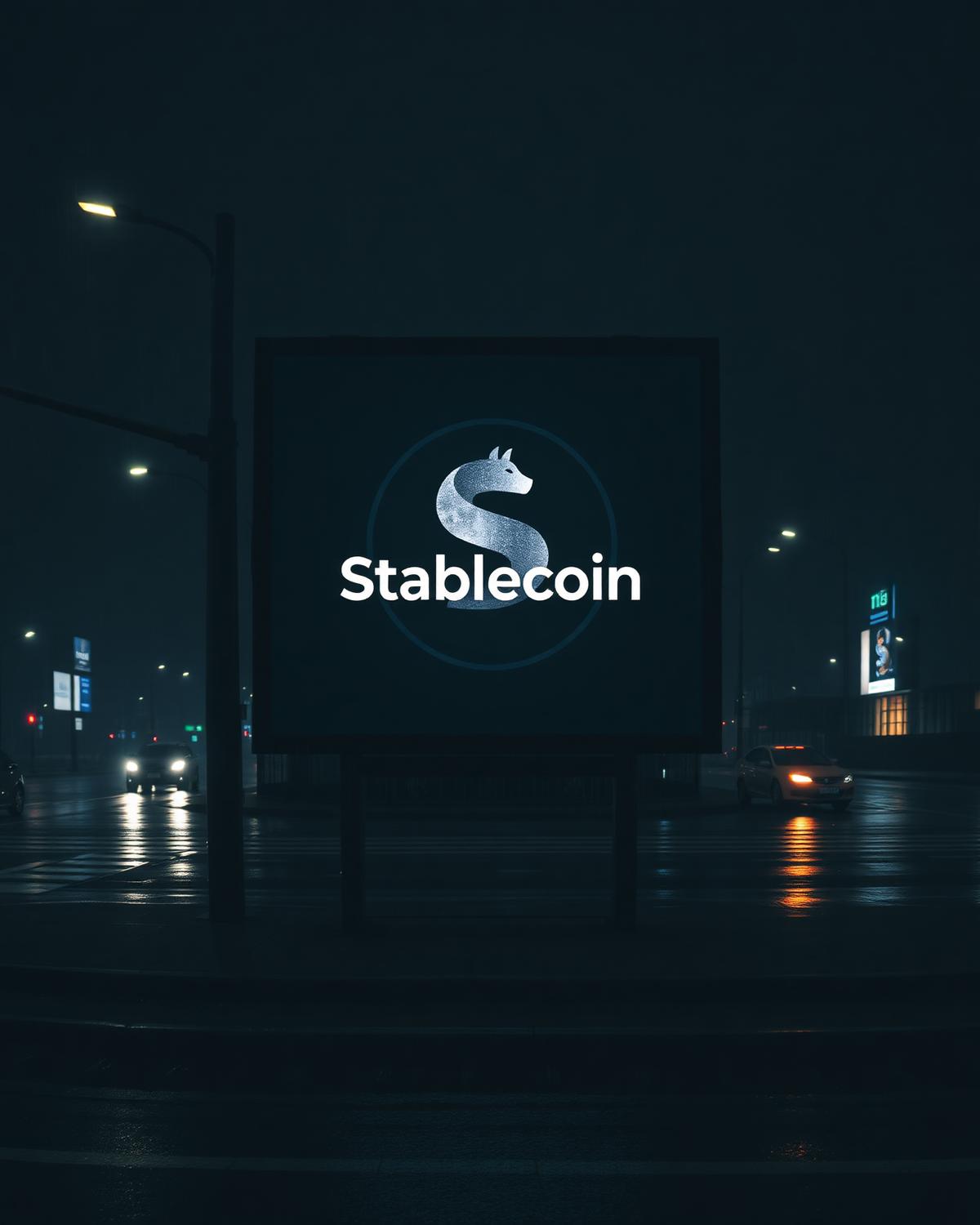 Obol brand mark on a lit roadside billboard on a wet night