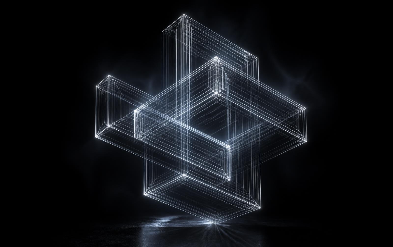 Glowing wireframe lattice structure suspended in a black void