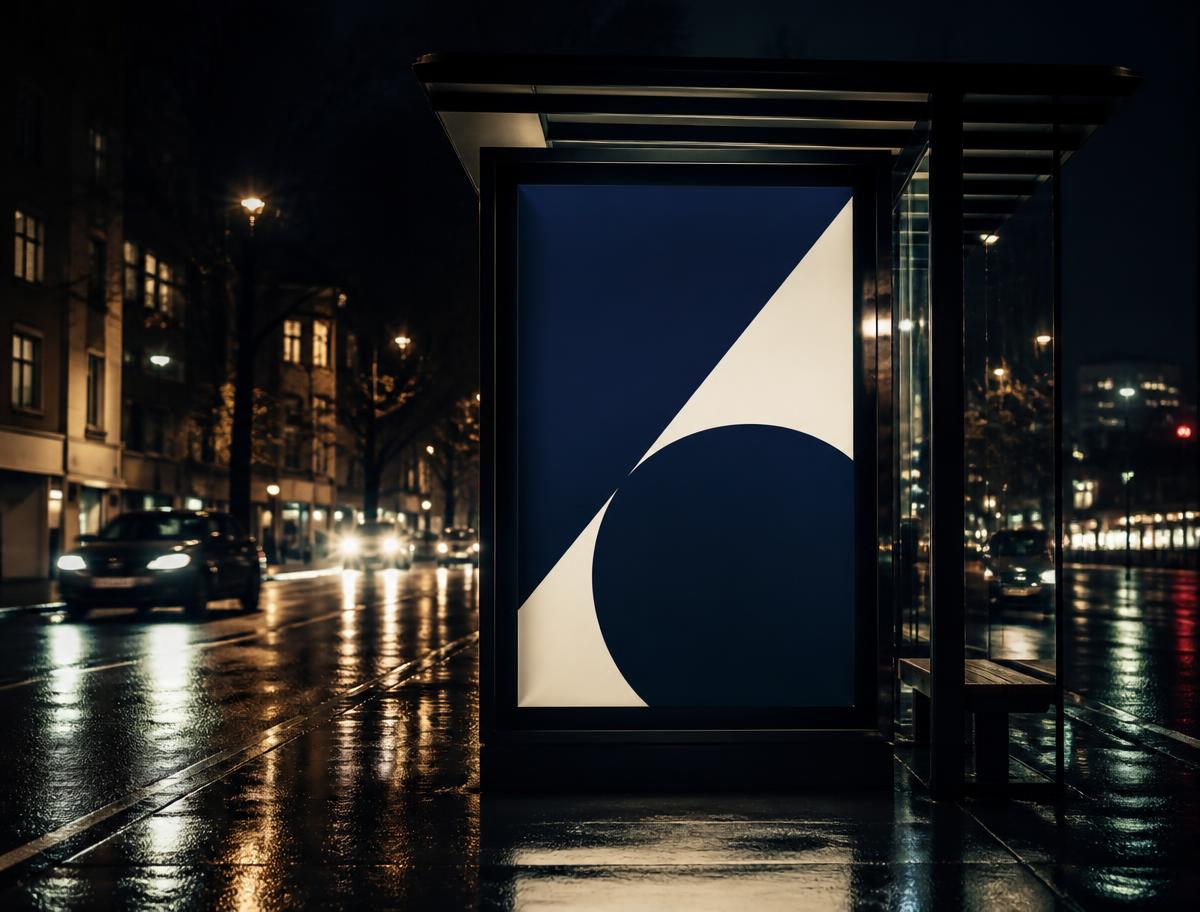North Ledger poster lit inside a transit shelter on a wet night street