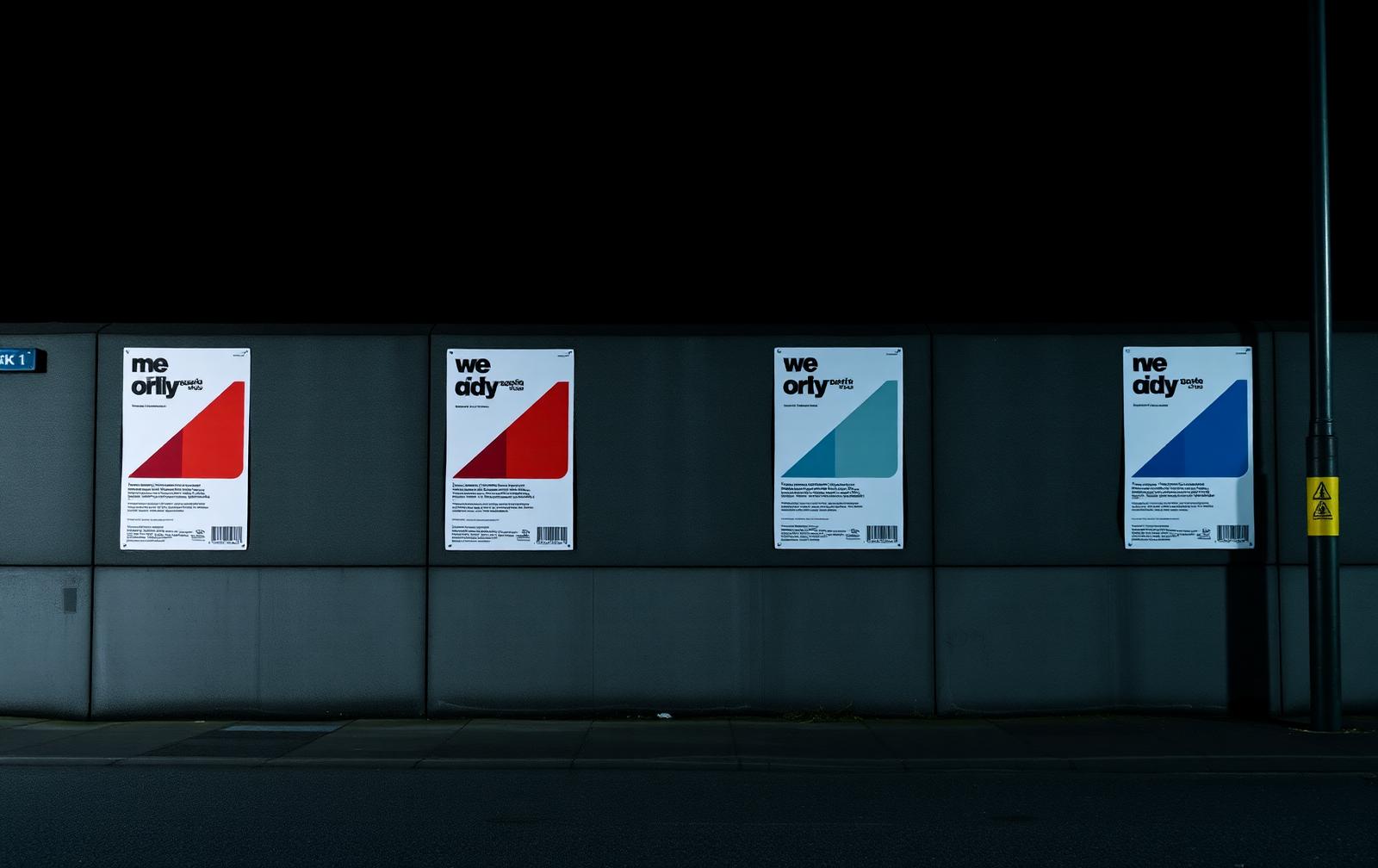 North Ledger campaign posters pasted along a dark street hoarding at night