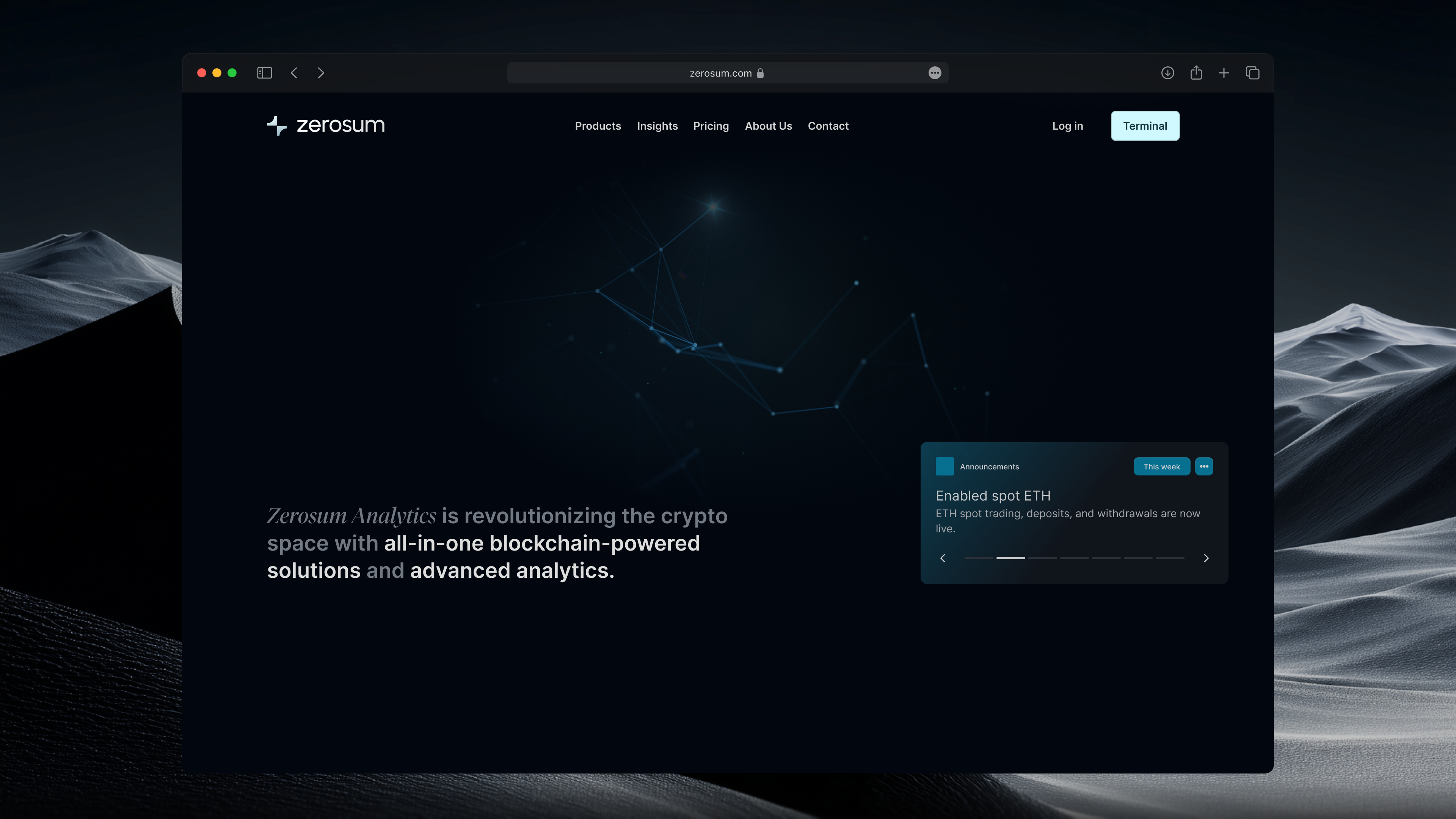 Zerosum homepage: blockchain-powered analytics platform hero
